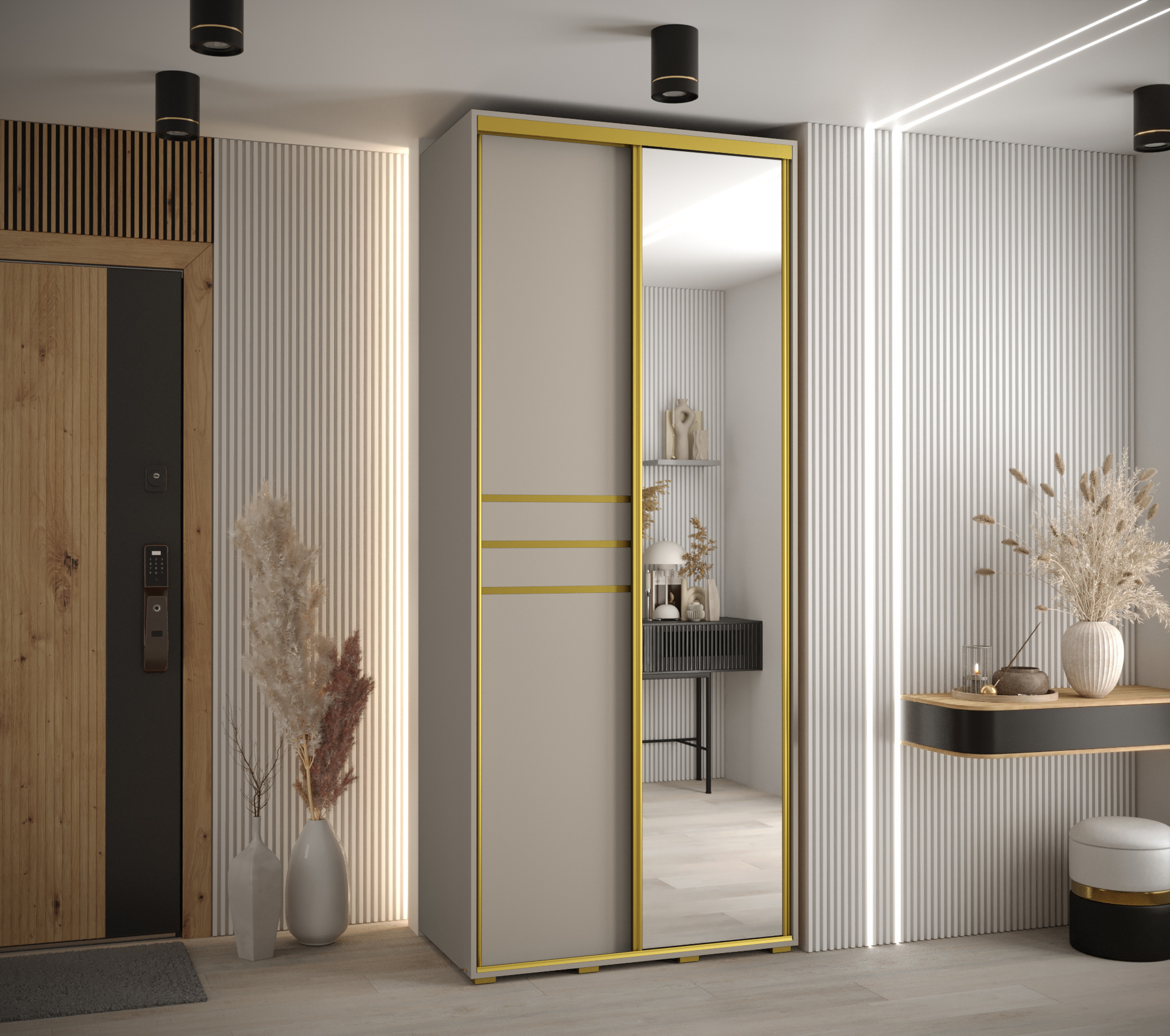 Šatní skříň Dakota 11 - hloubka 60 cm Rozměry: 100 cm, Pásky / úchyty: Zlatý, Barva korpusu + barva dveří: Kašmír