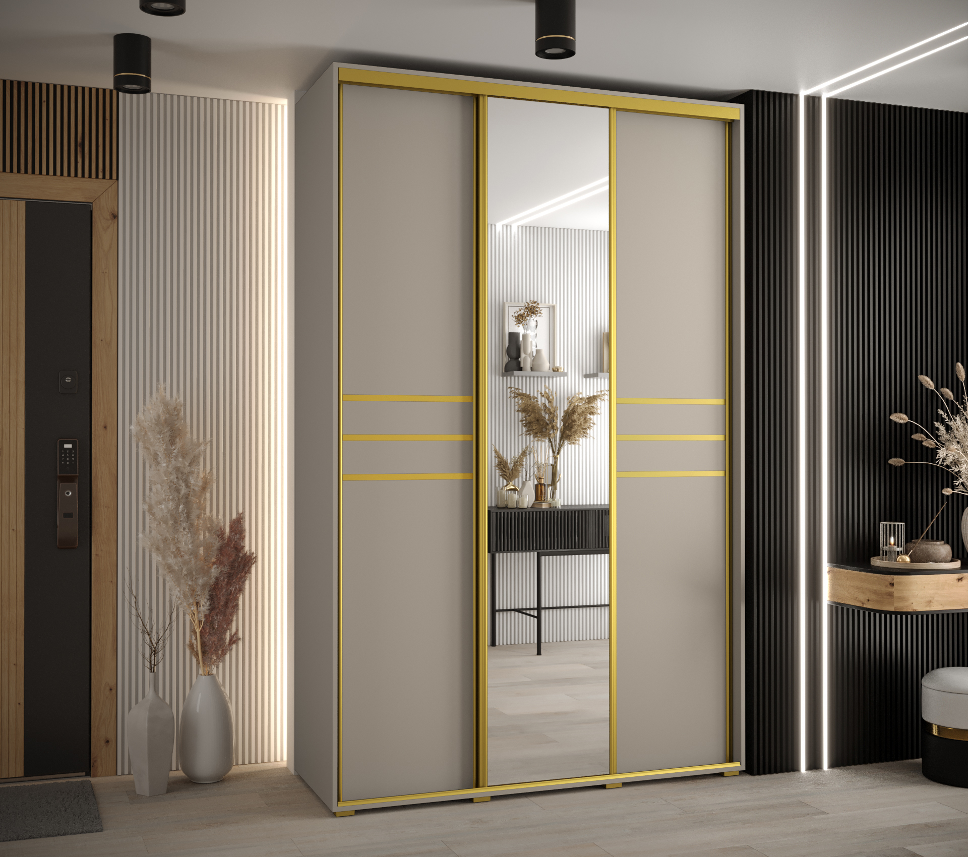 Šatní skříň Dakota 11 - hloubka 60 cm Rozměry: 150 cm, Pásky / úchyty: Zlatý, Barva korpusu + barva dveří: Kašmír