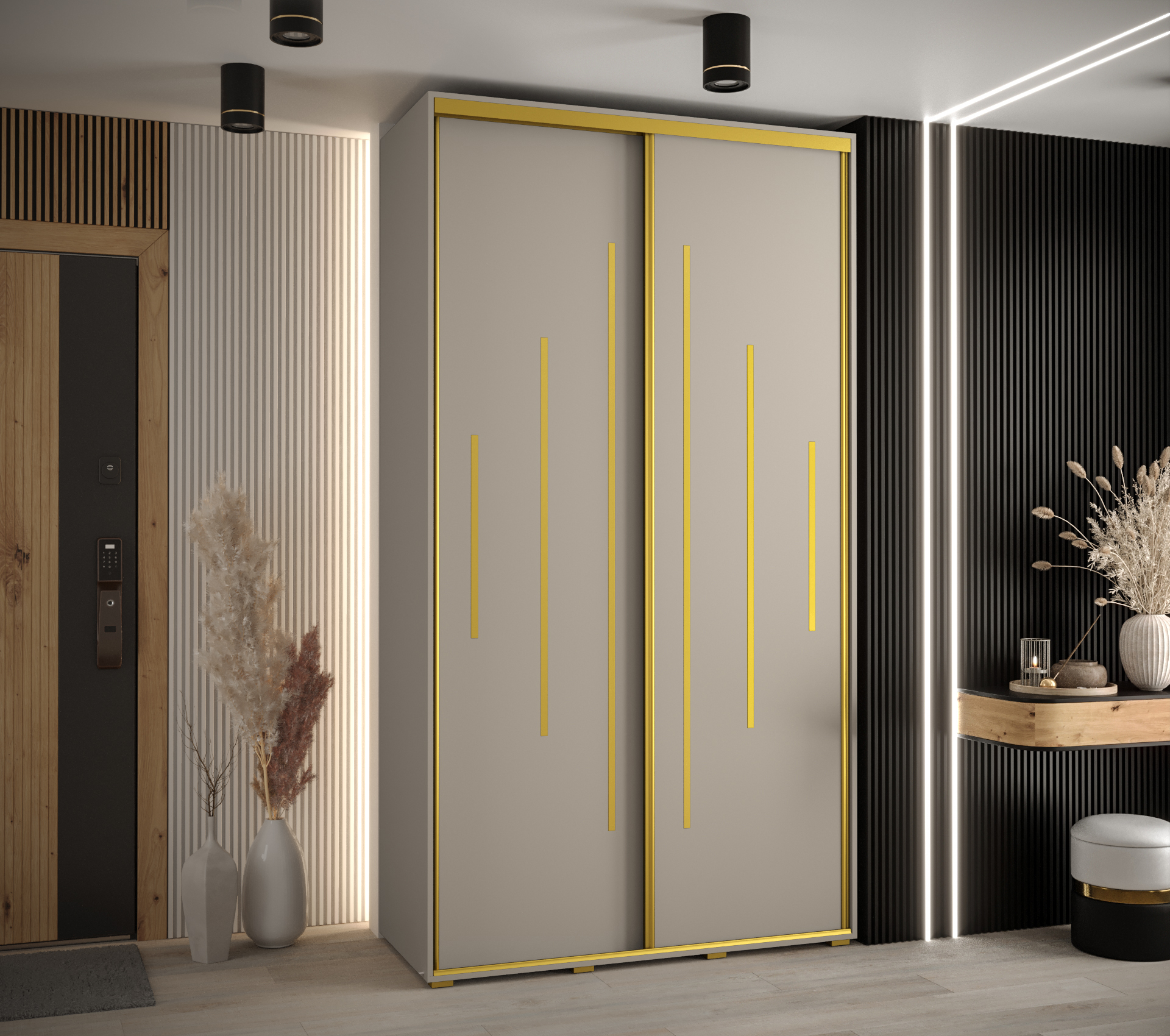 Šatní skříň Dakota 12 - hloubka 45 cm Rozměry: 130 cm, Pásky / úchyty: Zlatý, Barva korpusu + barva dveří: Kašmír