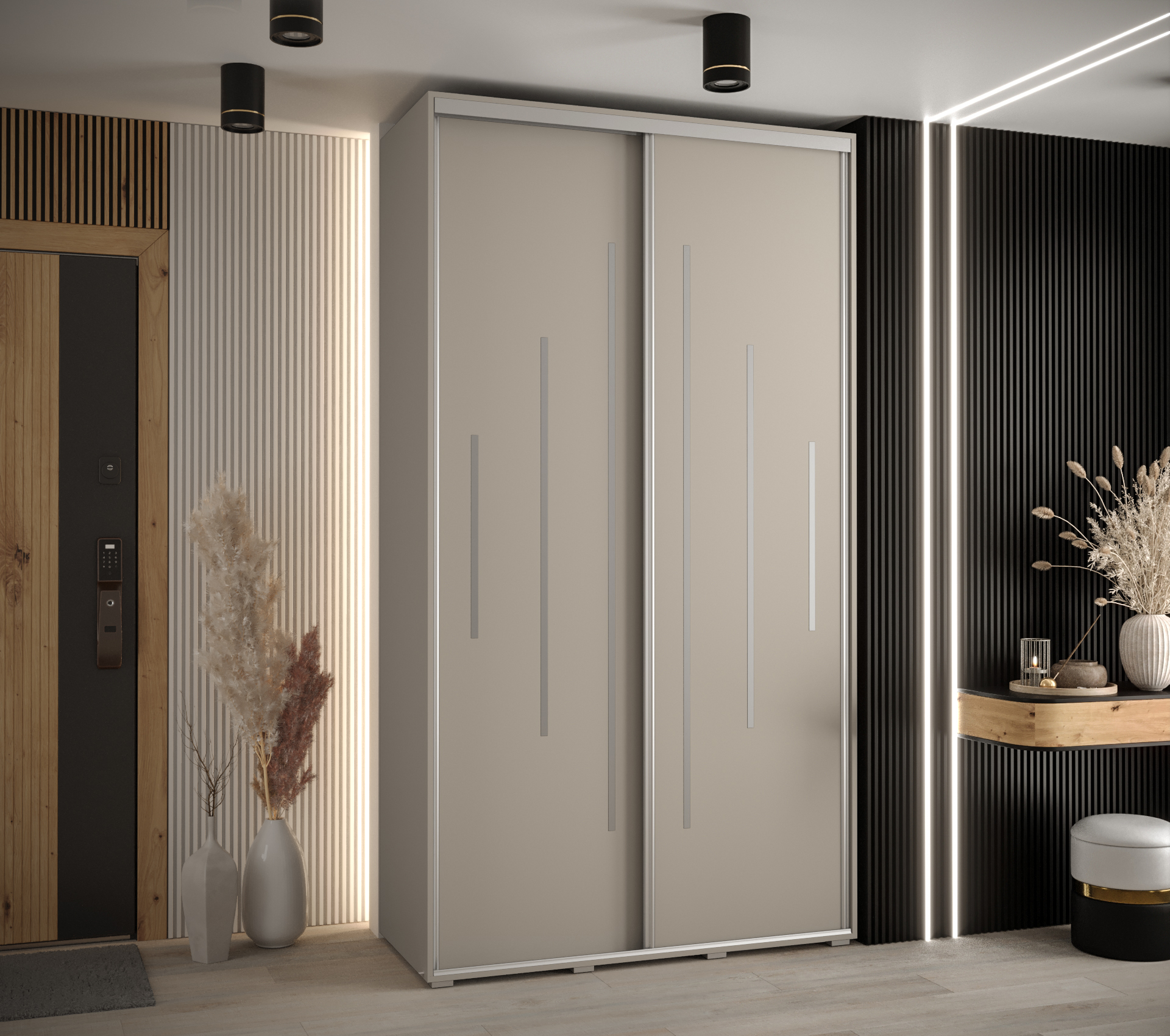 Šatní skříň Dakota 12 - hloubka 45 cm Rozměry: 140 cm, Pásky / úchyty: Stříbrné, Barva korpusu + barva dveří: Kašmír