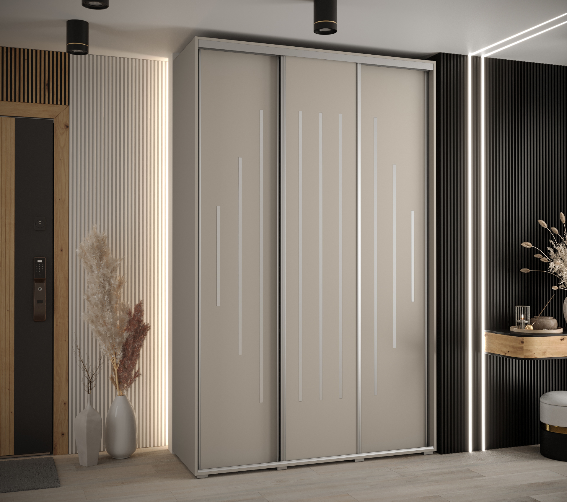 Šatní skříň Dakota 12 - hloubka 60 cm Rozměry: 150 cm, Pásky / úchyty: Stříbrné, Barva korpusu + barva dveří: Kašmír