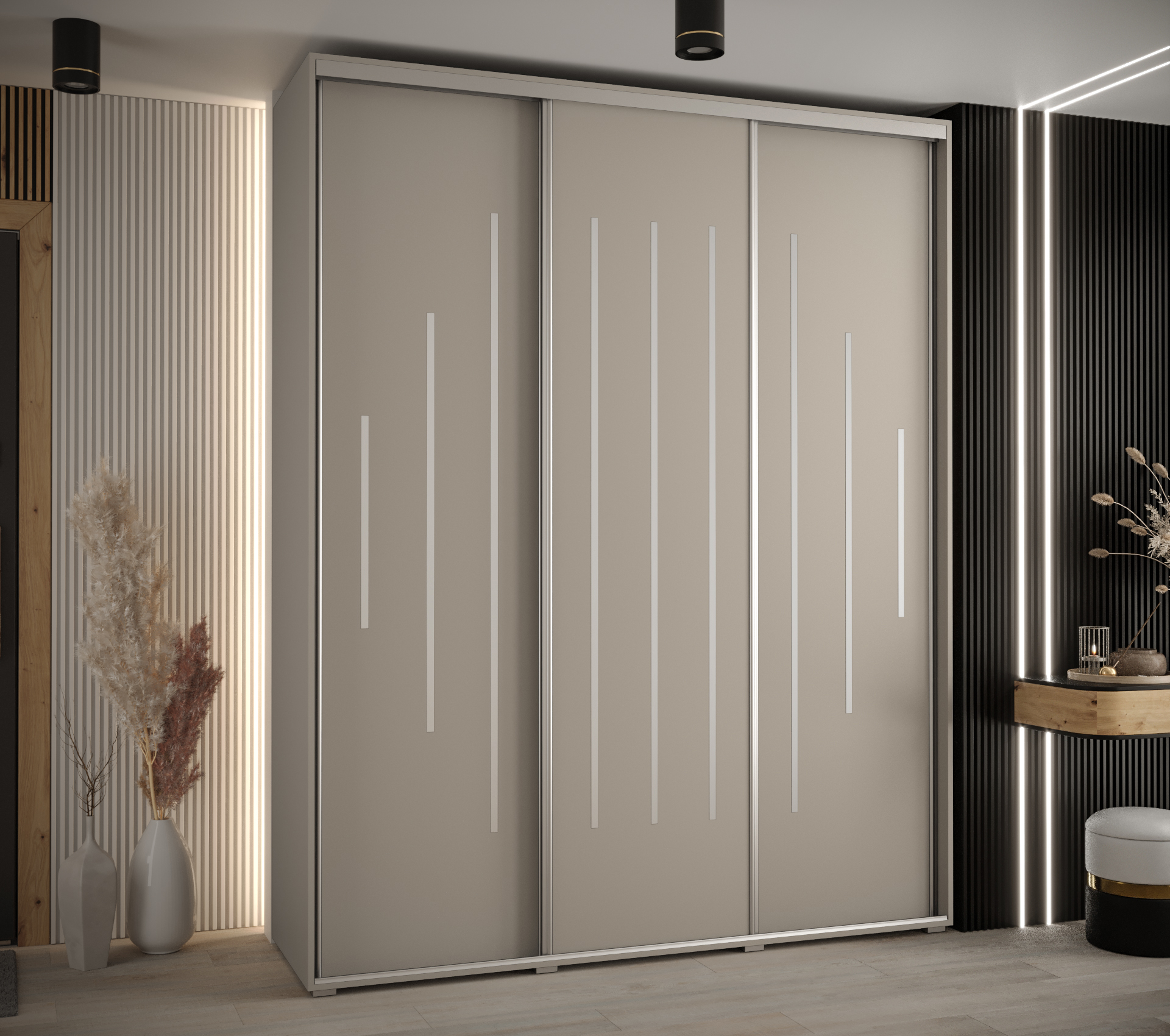 Šatní skříň Dakota 12 - hloubka 60 cm Rozměry: 190 cm, Pásky / úchyty: Stříbrné, Barva korpusu + barva dveří: Kašmír