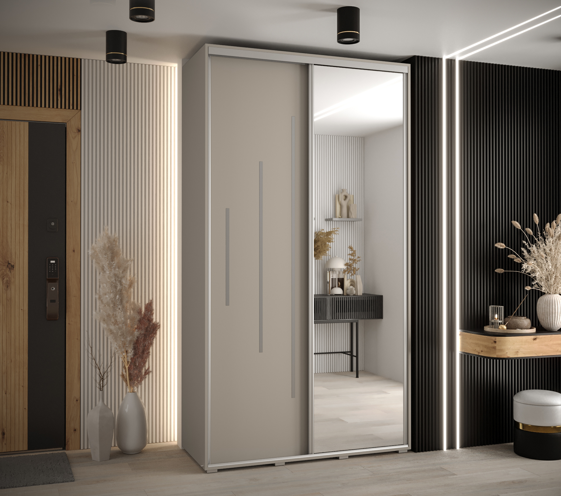 Šatní skříň Dakota 13 - hloubka 45 cm Rozměry: 130 cm, Pásky / úchyty: Stříbrné, Barva korpusu + barva dveří: Kašmír