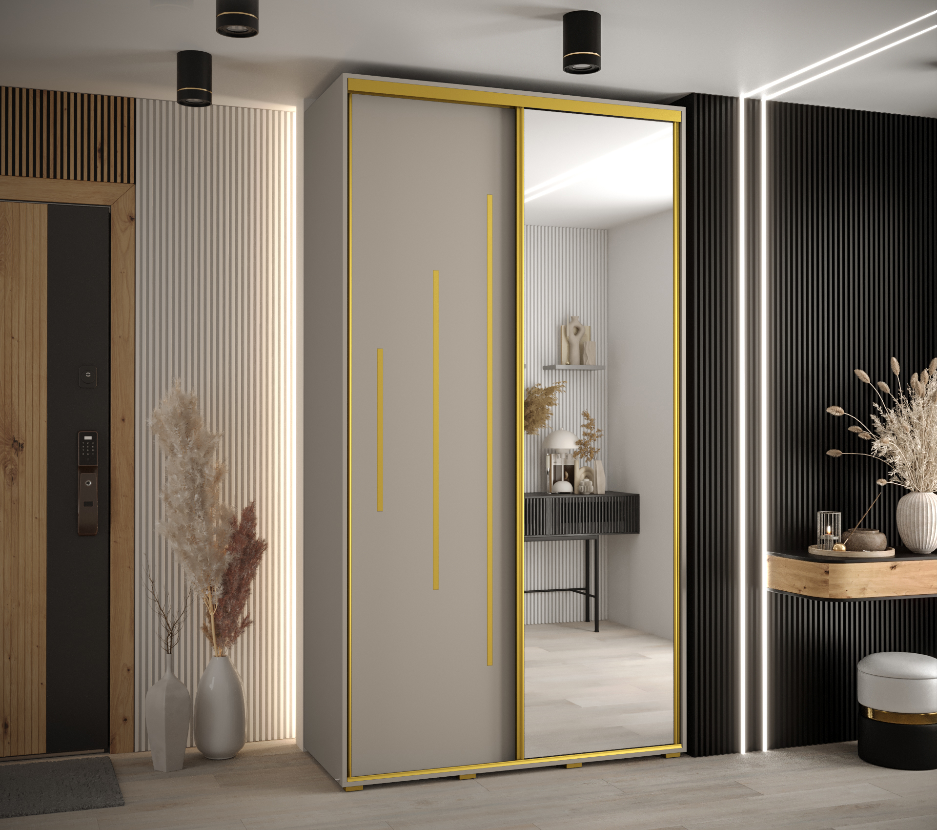 Šatní skříň Dakota 13 - hloubka 45 cm Rozměry: 140 cm, Pásky / úchyty: Zlatý, Barva korpusu + barva dveří: Kašmír