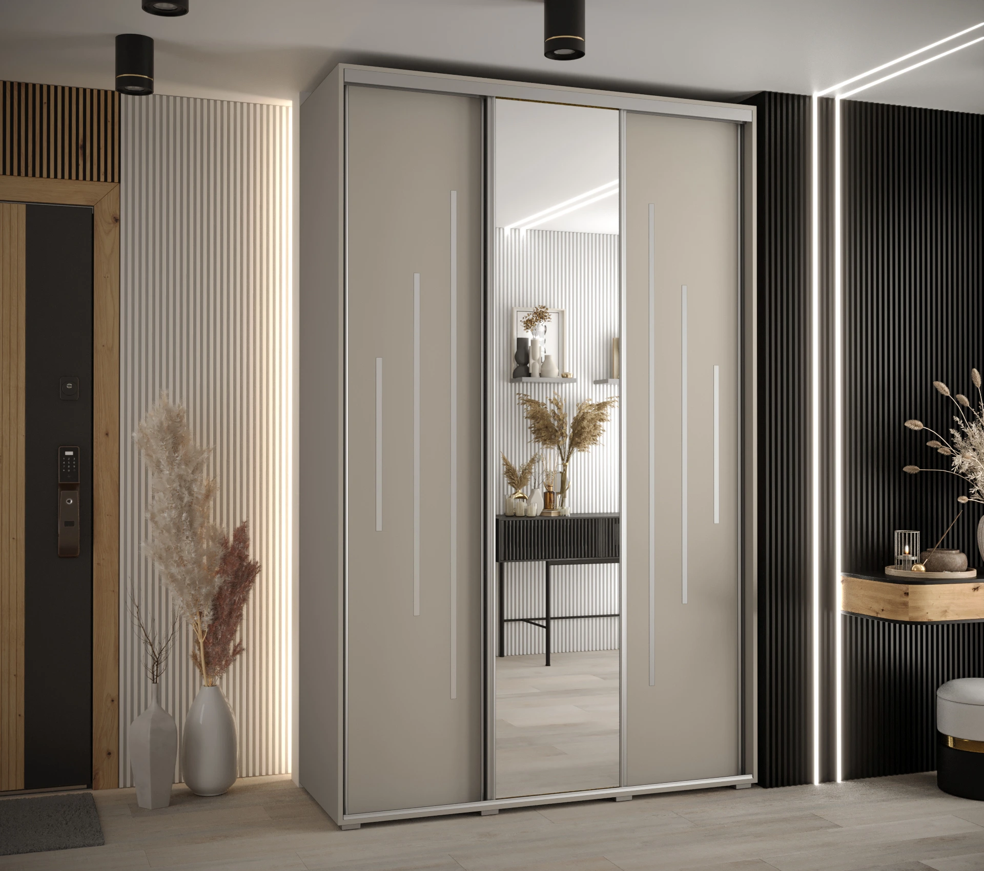 Šatní skříň Dakota 13 - hloubka 45 cm Rozměry: 150 cm, Pásky / úchyty: Stříbrné, Barva korpusu + barva dveří: Kašmír