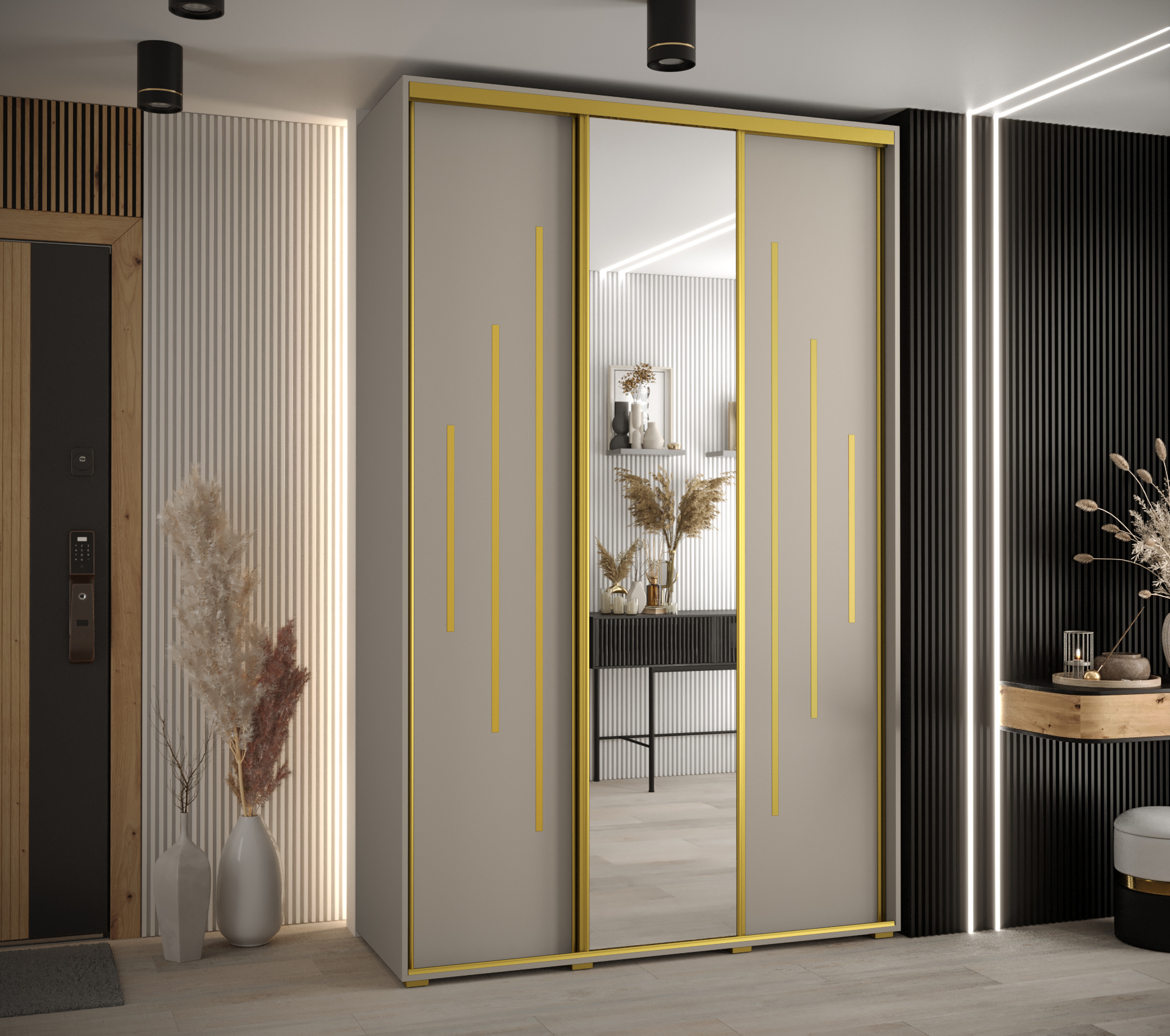 Šatní skříň Dakota 13 - hloubka 45 cm Rozměry: 160 cm, Pásky / úchyty: Zlatý, Barva korpusu + barva dveří: Kašmír