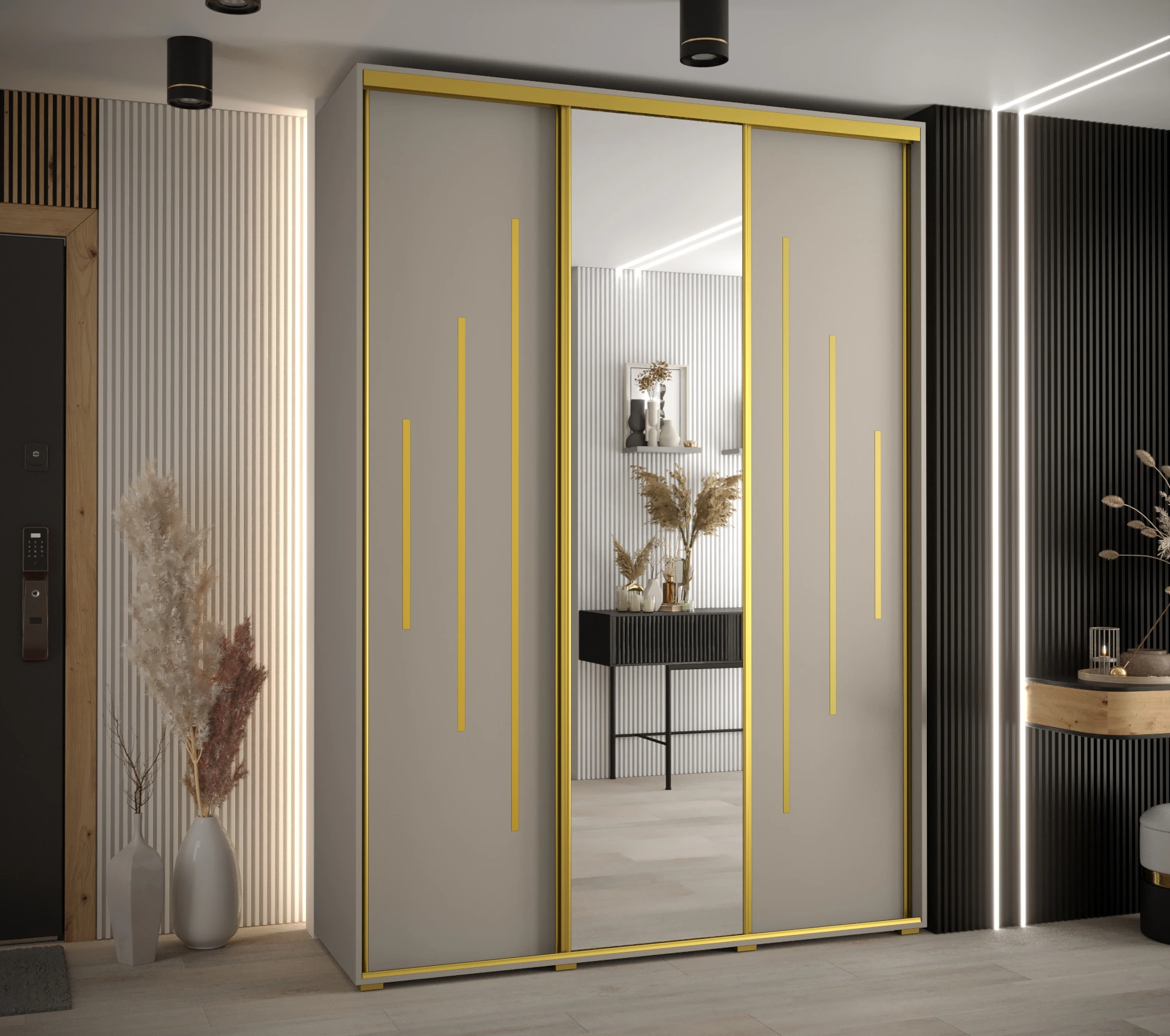 Šatní skříň Dakota 13 - hloubka 45 cm Rozměry: 170 cm, Pásky / úchyty: Zlatý, Barva korpusu + barva dveří: Kašmír