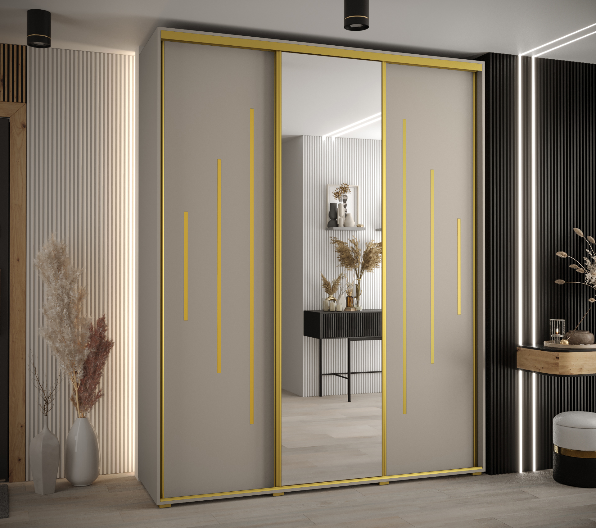 Šatní skříň Dakota 13 - hloubka 45 cm Rozměry: 190 cm, Pásky / úchyty: Zlatý, Barva korpusu + barva dveří: Kašmír