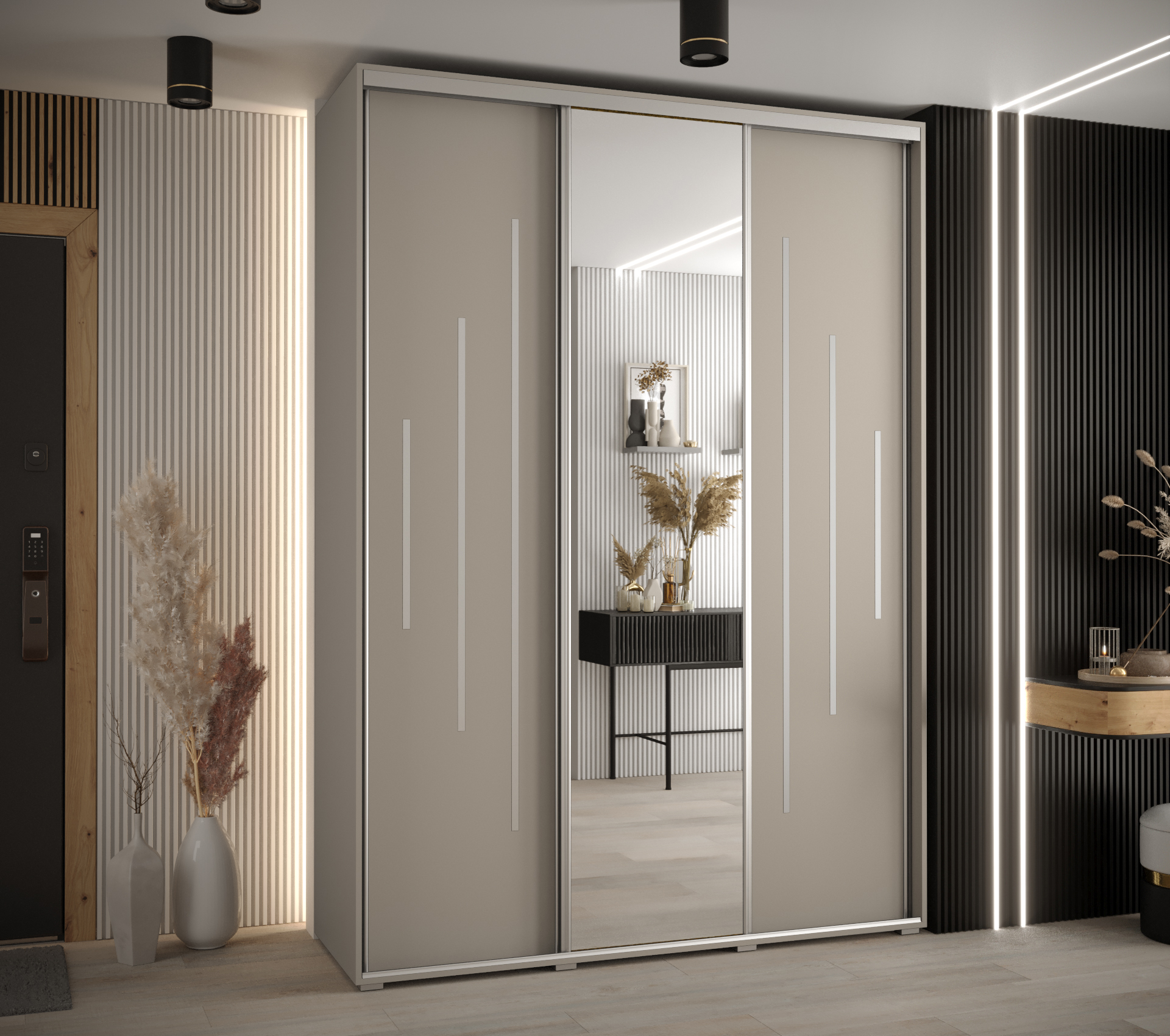 Šatní skříň Dakota 13 - hloubka 60 cm Rozměry: 180 cm, Pásky / úchyty: Stříbrné, Barva korpusu + barva dveří: Kašmír