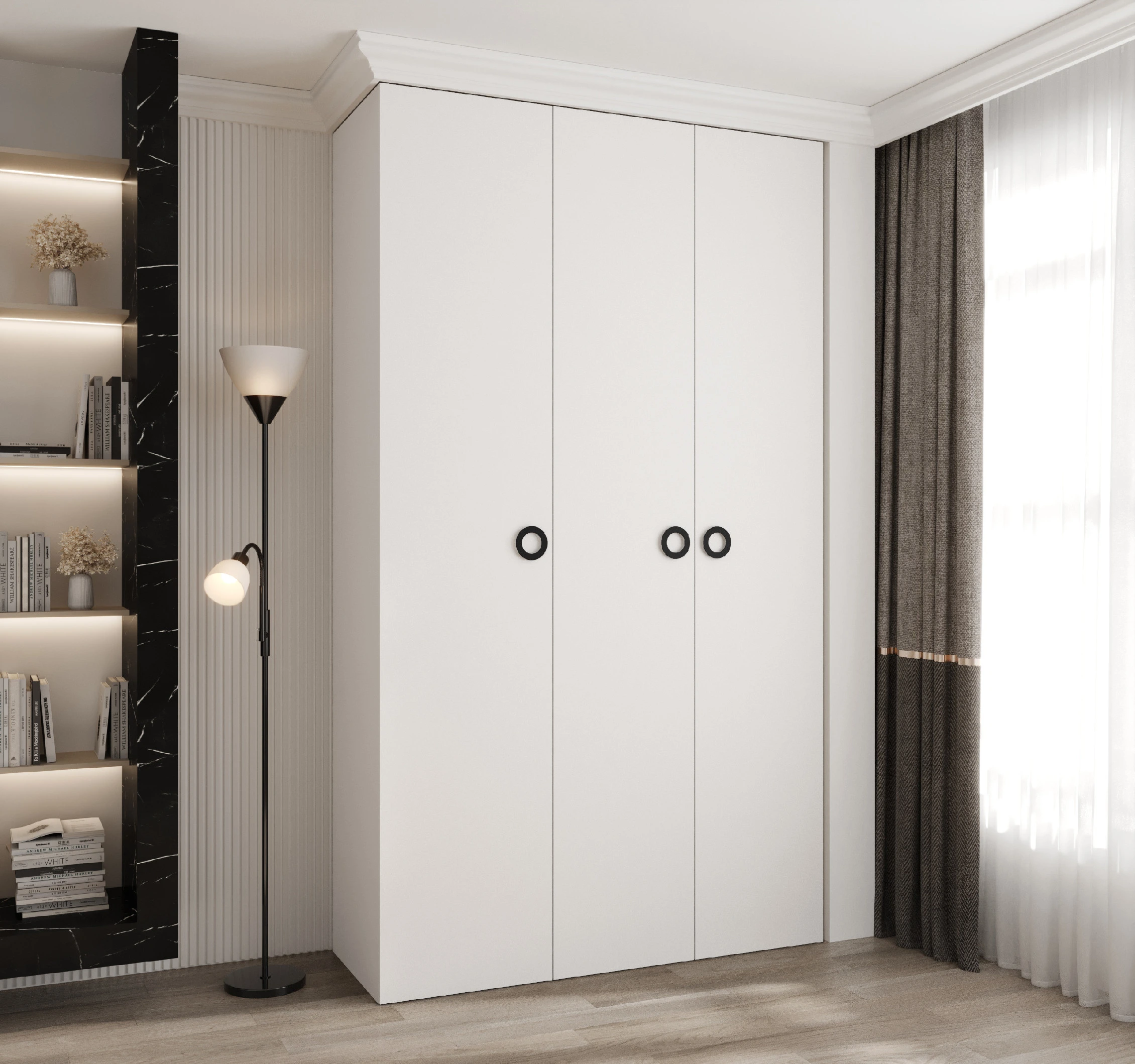 Šatní skříň Como 1 - hloubka 40 cm Rozměry: 140 cm, Pásky / úchyty: Černá, Barva korpusu + barva dveří: Bílá