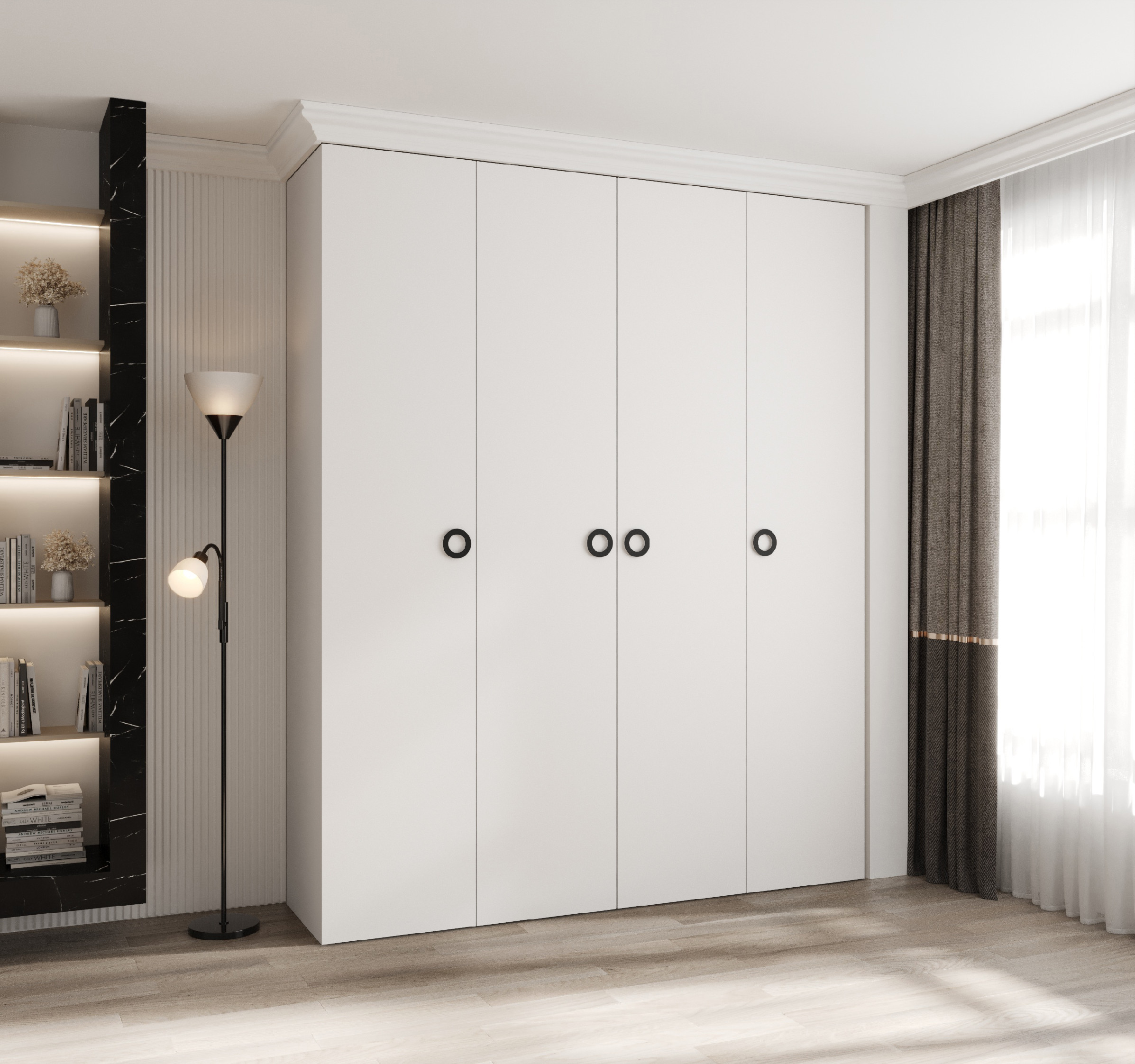 Šatní skříň Como 1 - hloubka 40 cm Rozměry: 200 cm, Pásky / úchyty: Černá, Barva korpusu + barva dveří: Bílá