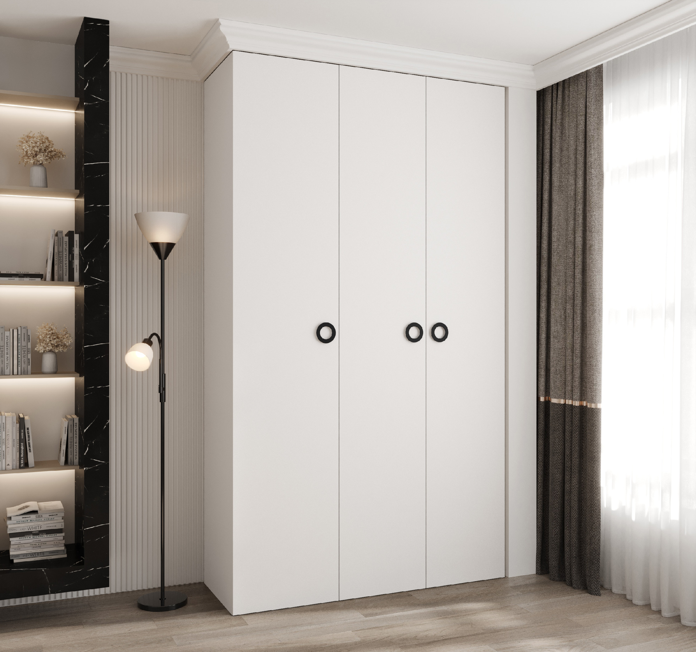 Šatní skříň Como 1 - hloubka 50 cm Rozměry: 140 cm, Pásky / úchyty: Černá, Barva korpusu + barva dveří: Bílá