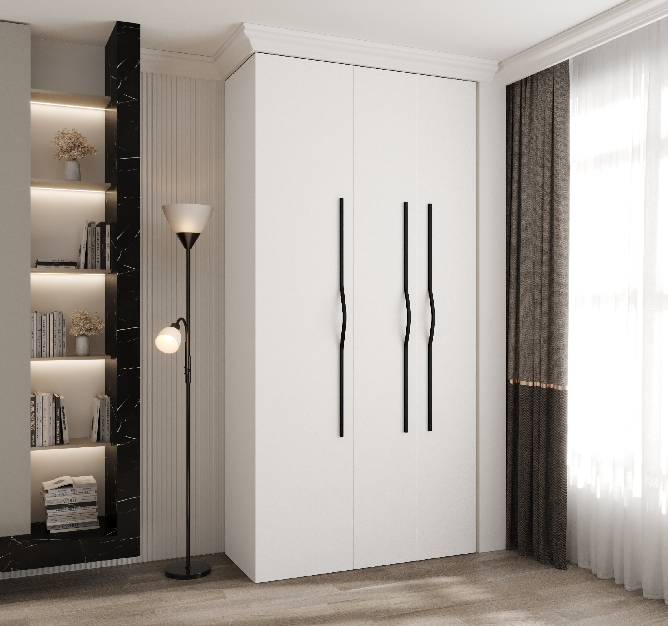 Šatní skříň Como 2 - hloubka 40 cm Rozměry: 120 cm, Pásky / úchyty: Černá, Barva korpusu + barva dveří: Bílá