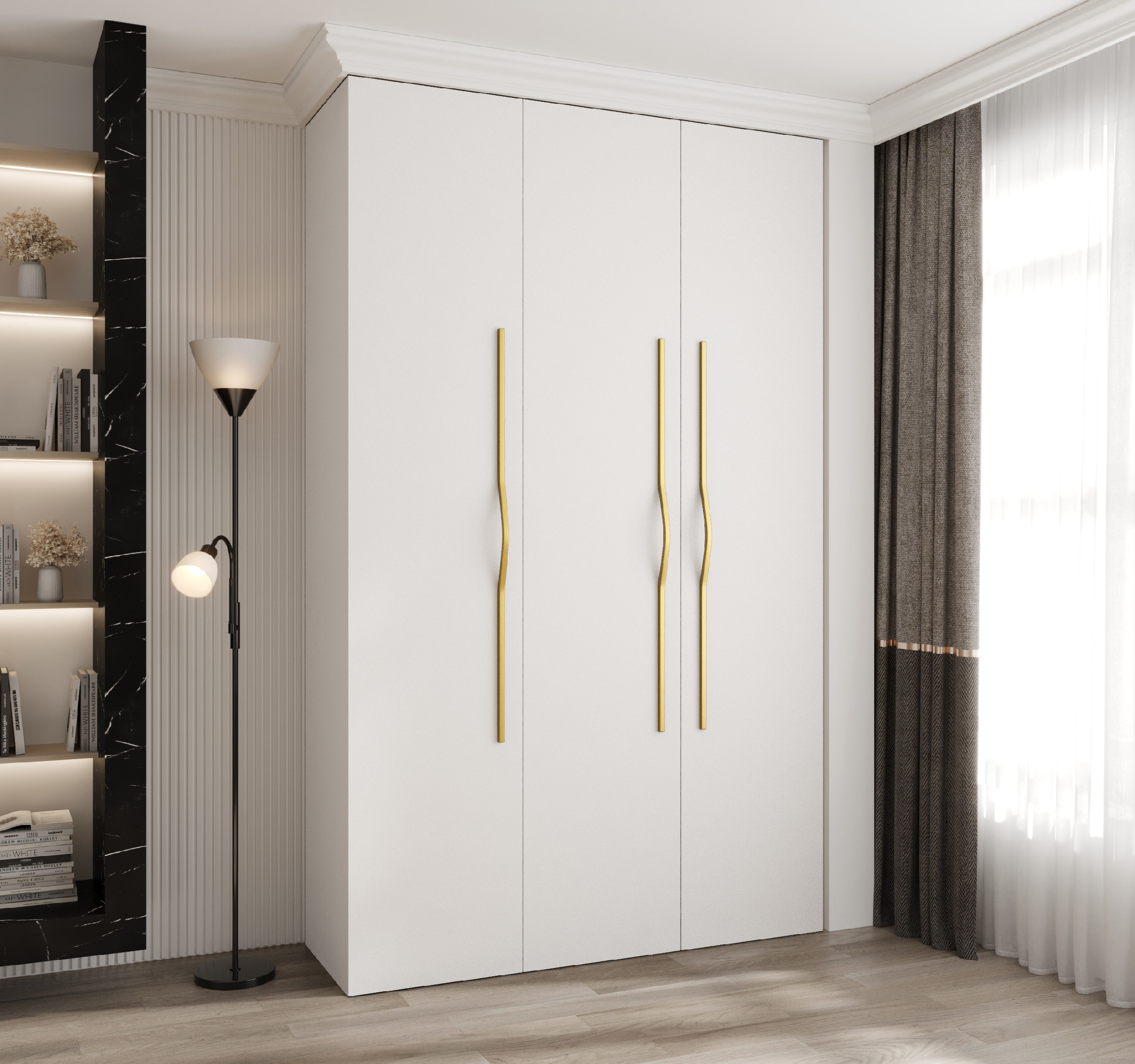 Šatní skříň Como 2 - hloubka 40 cm Rozměry: 150 cm, Pásky / úchyty: Zlatý, Barva korpusu + barva dveří: Bílá