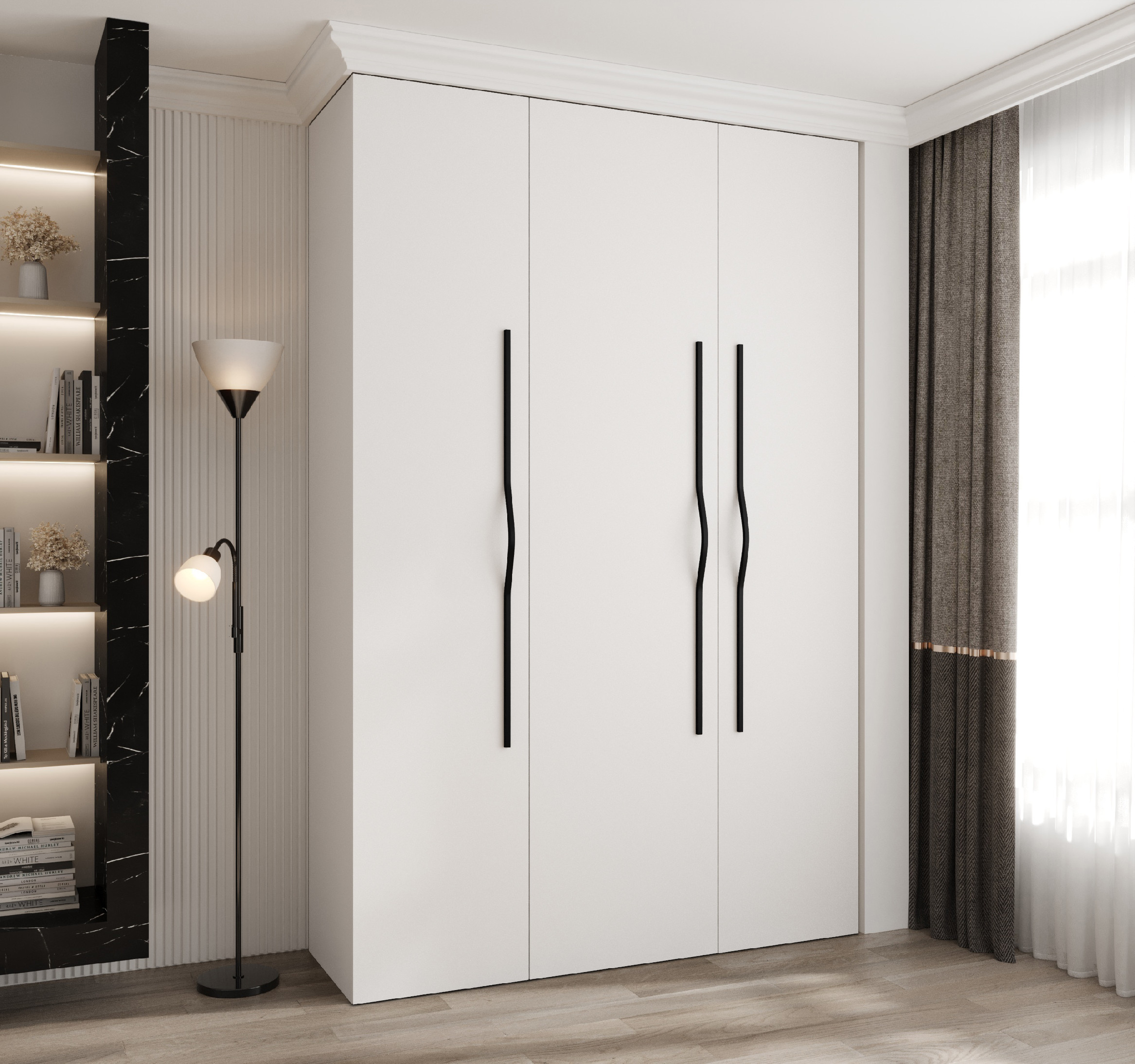 Šatní skříň Como 2 - hloubka 40 cm Rozměry: 160 cm, Pásky / úchyty: Černá, Barva korpusu + barva dveří: Bílá