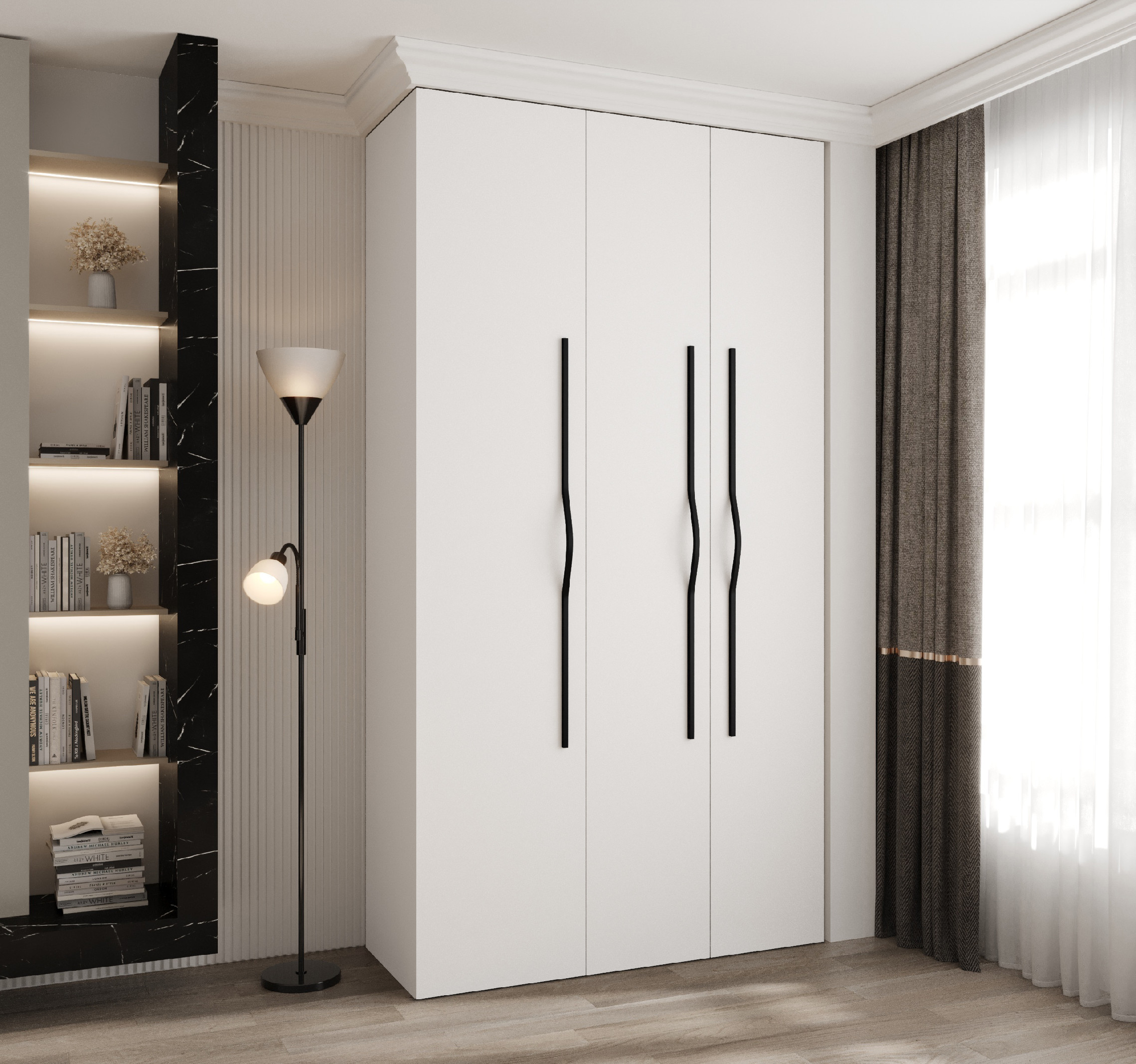 Šatní skříň Como 2 - hloubka 50 cm Rozměry: 130 cm, Pásky / úchyty: Černá, Barva korpusu + barva dveří: Bílá