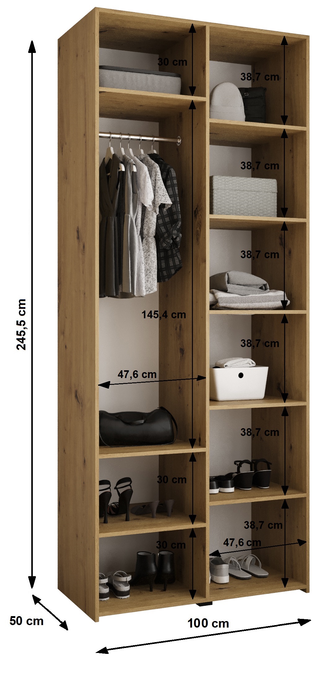 Šatní skříň Como 2 - hloubka 50 cm Rozměry: 100 cm, Pásky / úchyty: Černá, Barva korpusu + barva dveří: Kašmír (obrázek 7)