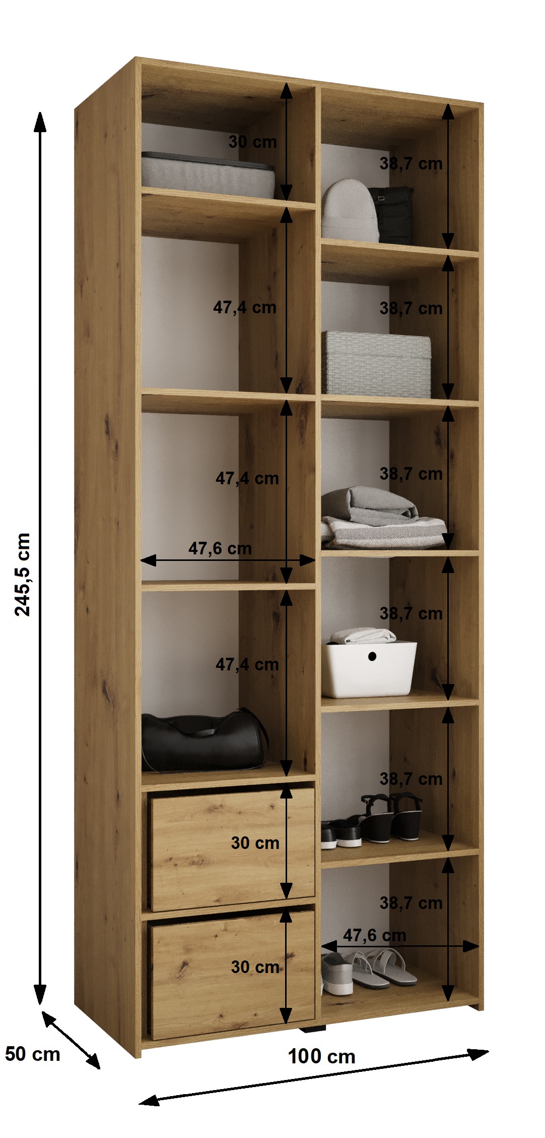 Šatní skříň Como 2 - hloubka 50 cm Rozměry: 100 cm, Pásky / úchyty: Černá, Barva korpusu + barva dveří: Kašmír (obrázek 8)