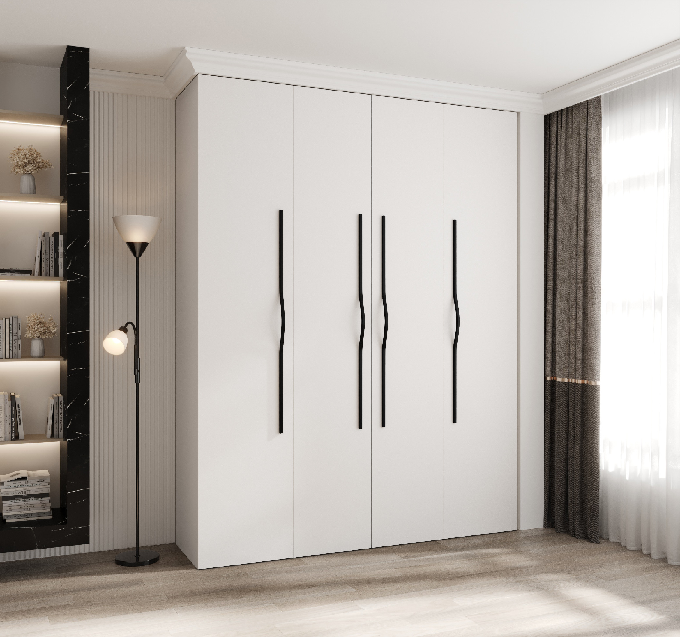 Šatní skříň Como 2 - hloubka 50 cm Rozměry: 190 cm, Pásky / úchyty: Černá, Barva korpusu + barva dveří: Bílá