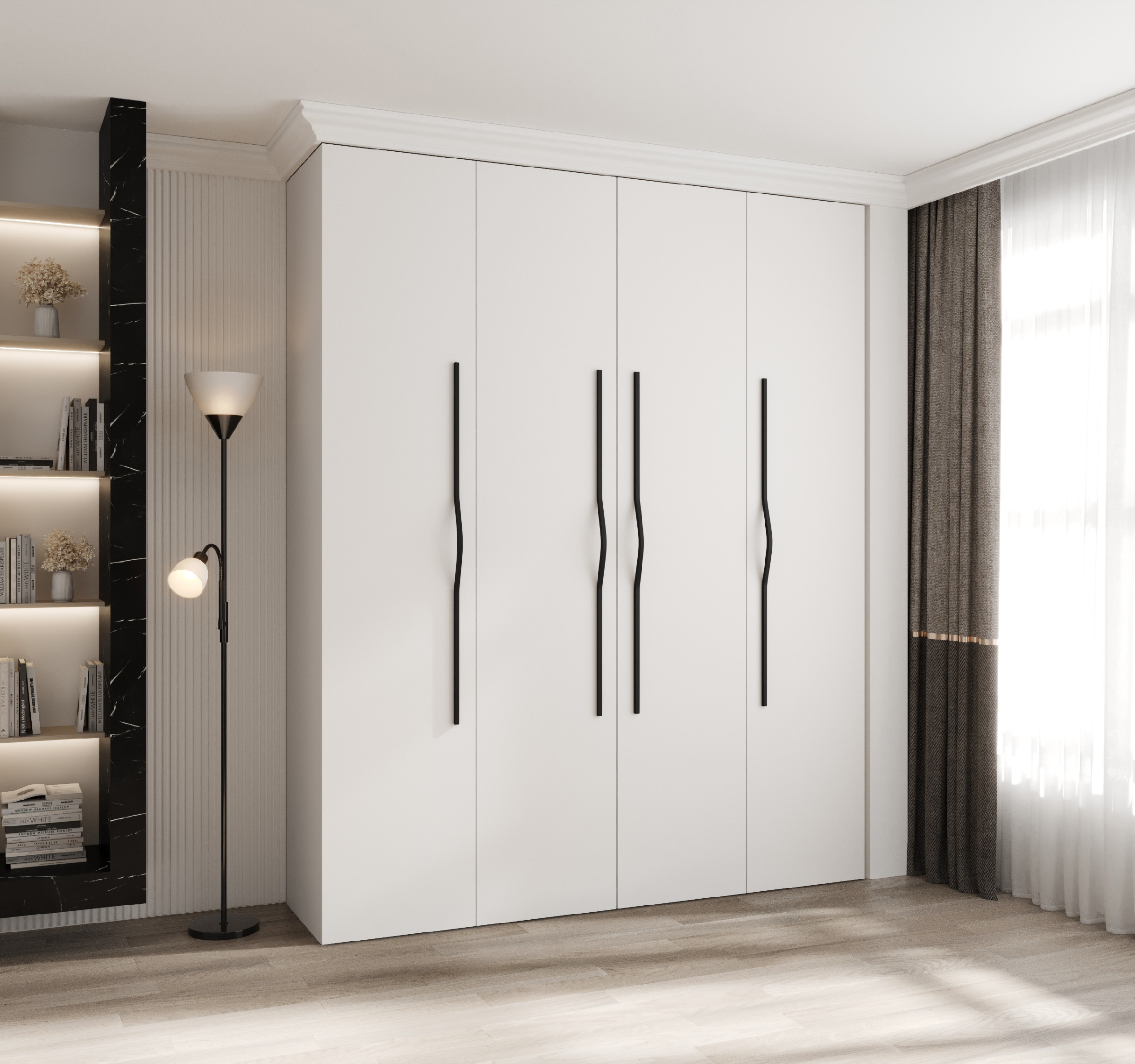 Šatní skříň Como 2 - hloubka 50 cm Rozměry: 200 cm, Pásky / úchyty: Černá, Barva korpusu + barva dveří: Bílá