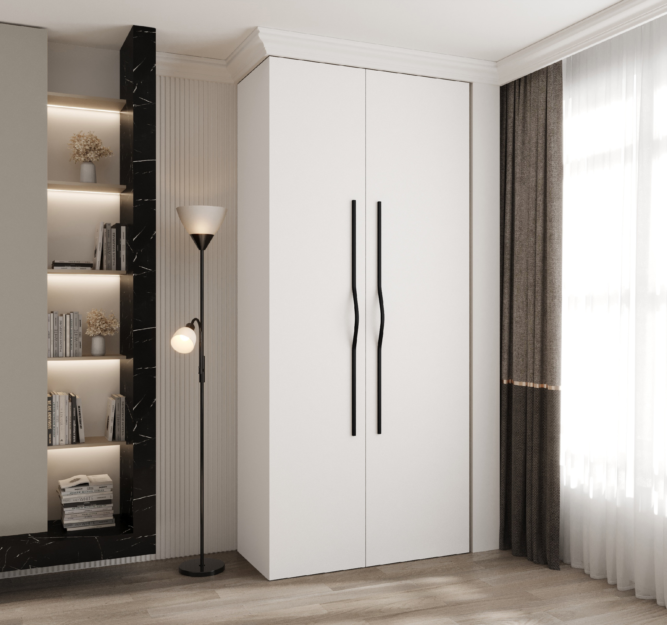 Šatní skříň Como 2 - hloubka 50 cm Rozměry: 110 cm, Pásky / úchyty: Černá, Barva korpusu + barva dveří: Bílá