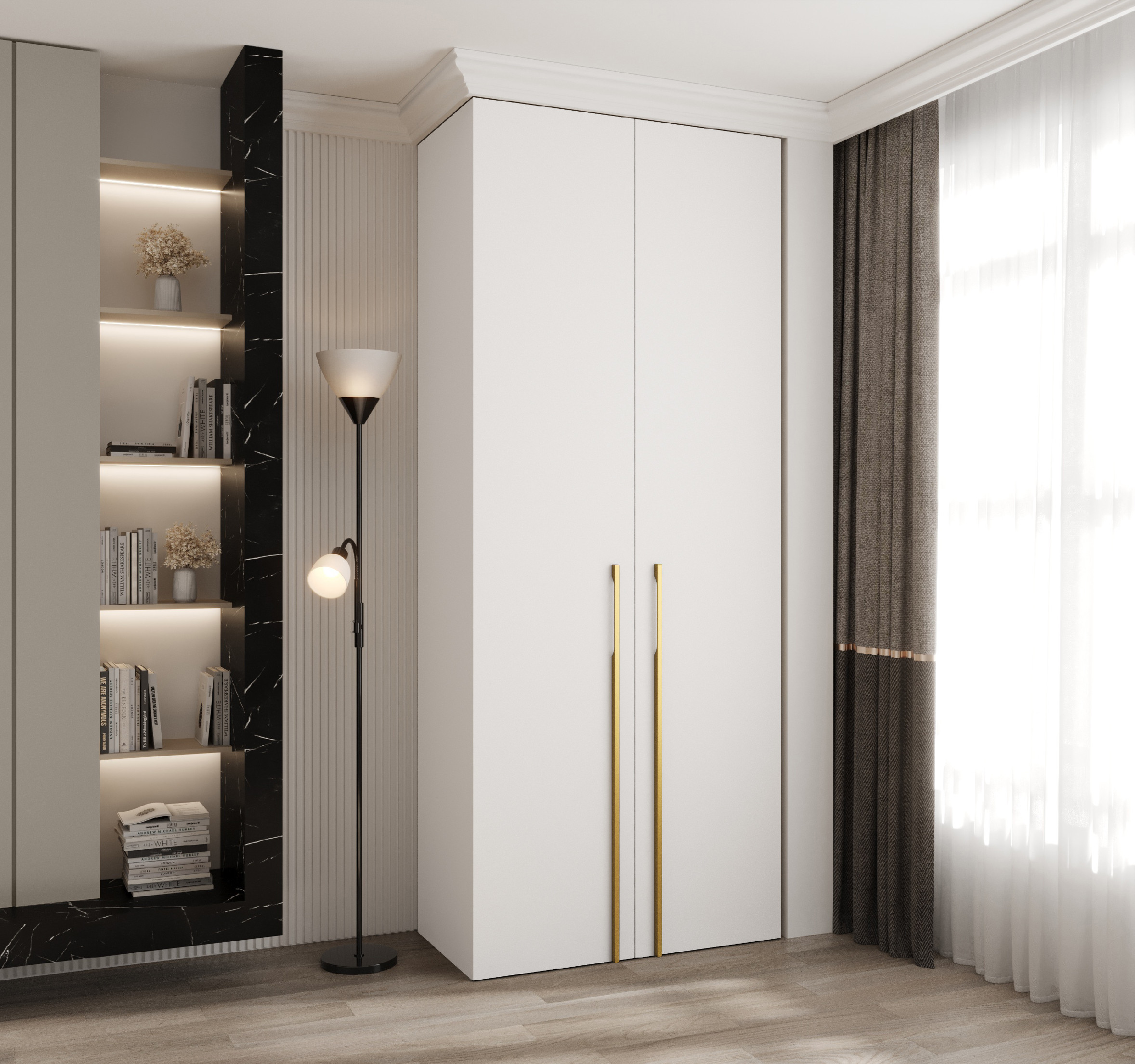 Šatní skříň Como 3 - hloubka 40 cm Rozměry: 100 cm, Pásky / úchyty: Zlatý, Barva korpusu + barva dveří: Bílá