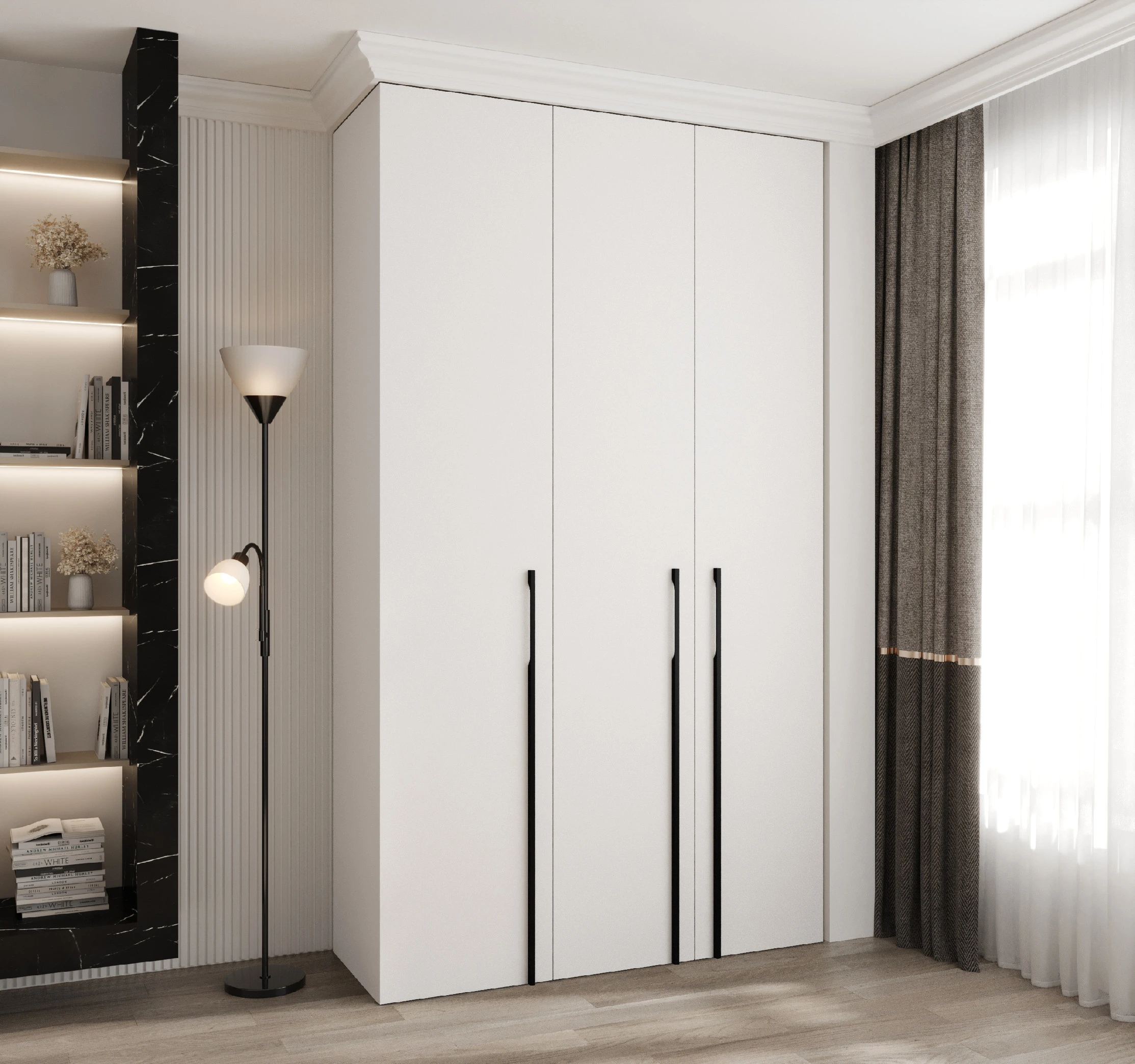Šatní skříň Como 3 - hloubka 40 cm Rozměry: 140 cm, Pásky / úchyty: Černá, Barva korpusu + barva dveří: Bílá