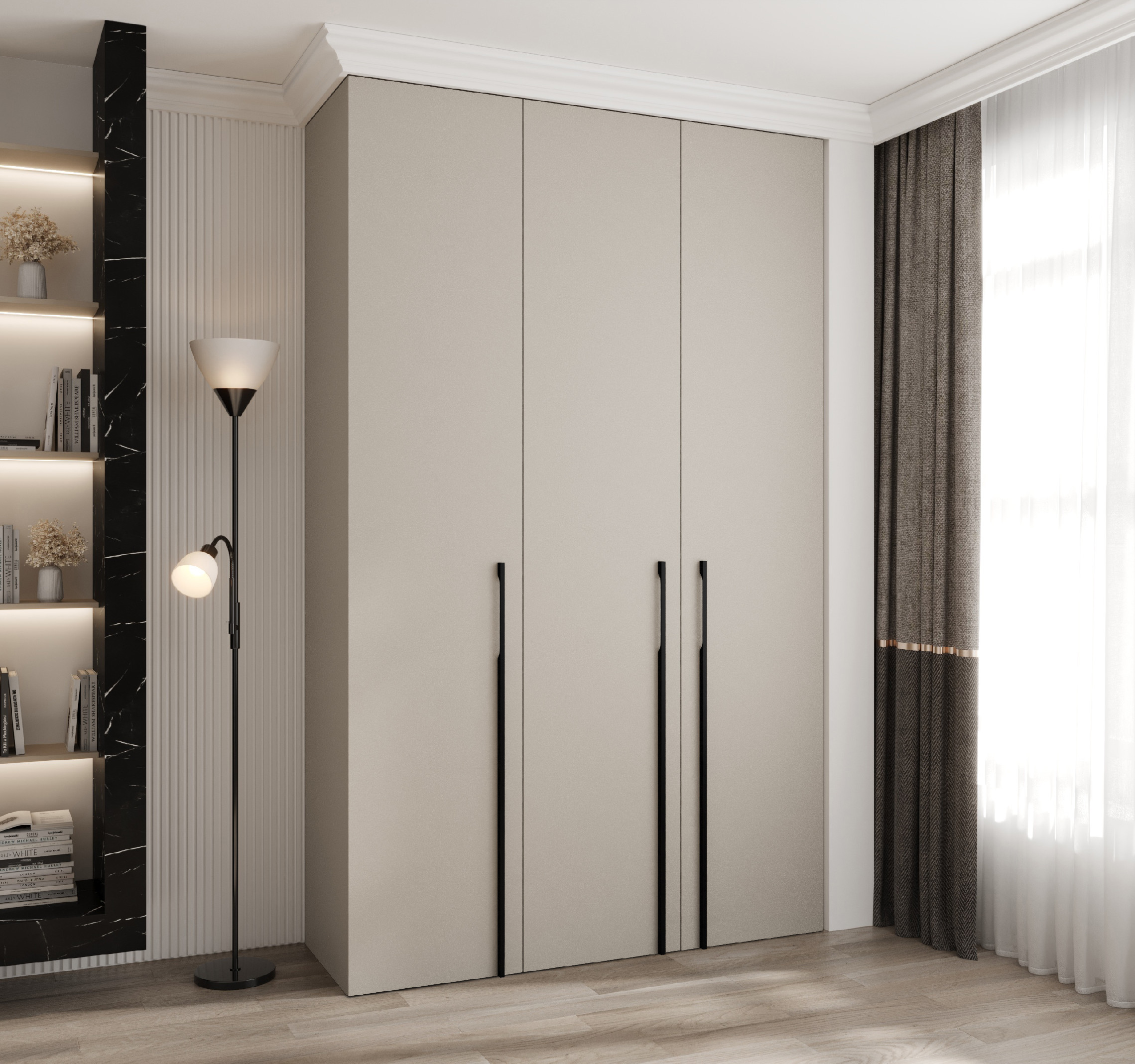 Šatní skříň Como 3 - hloubka 40 cm Rozměry: 150 cm, Pásky / úchyty: Černá, Barva korpusu + barva dveří: Kašmír