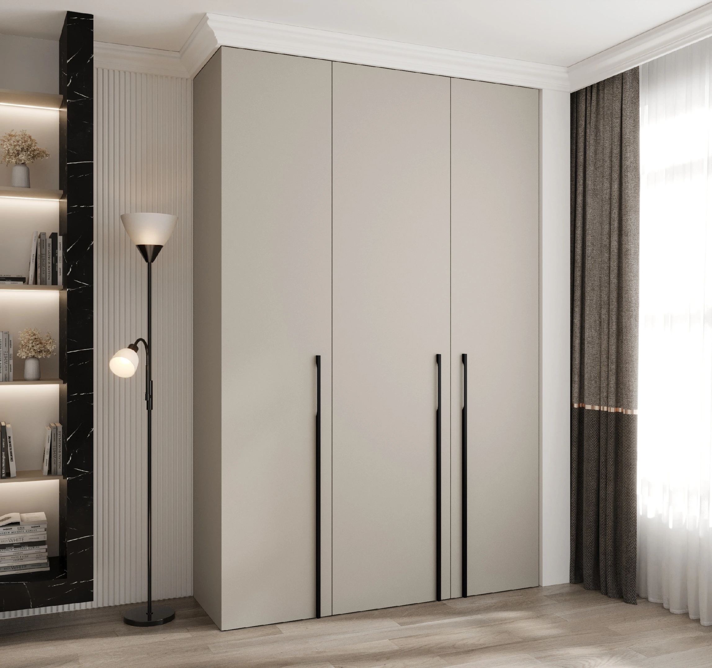 Šatní skříň Como 3 - hloubka 40 cm Rozměry: 160 cm, Pásky / úchyty: Černá, Barva korpusu + barva dveří: Kašmír