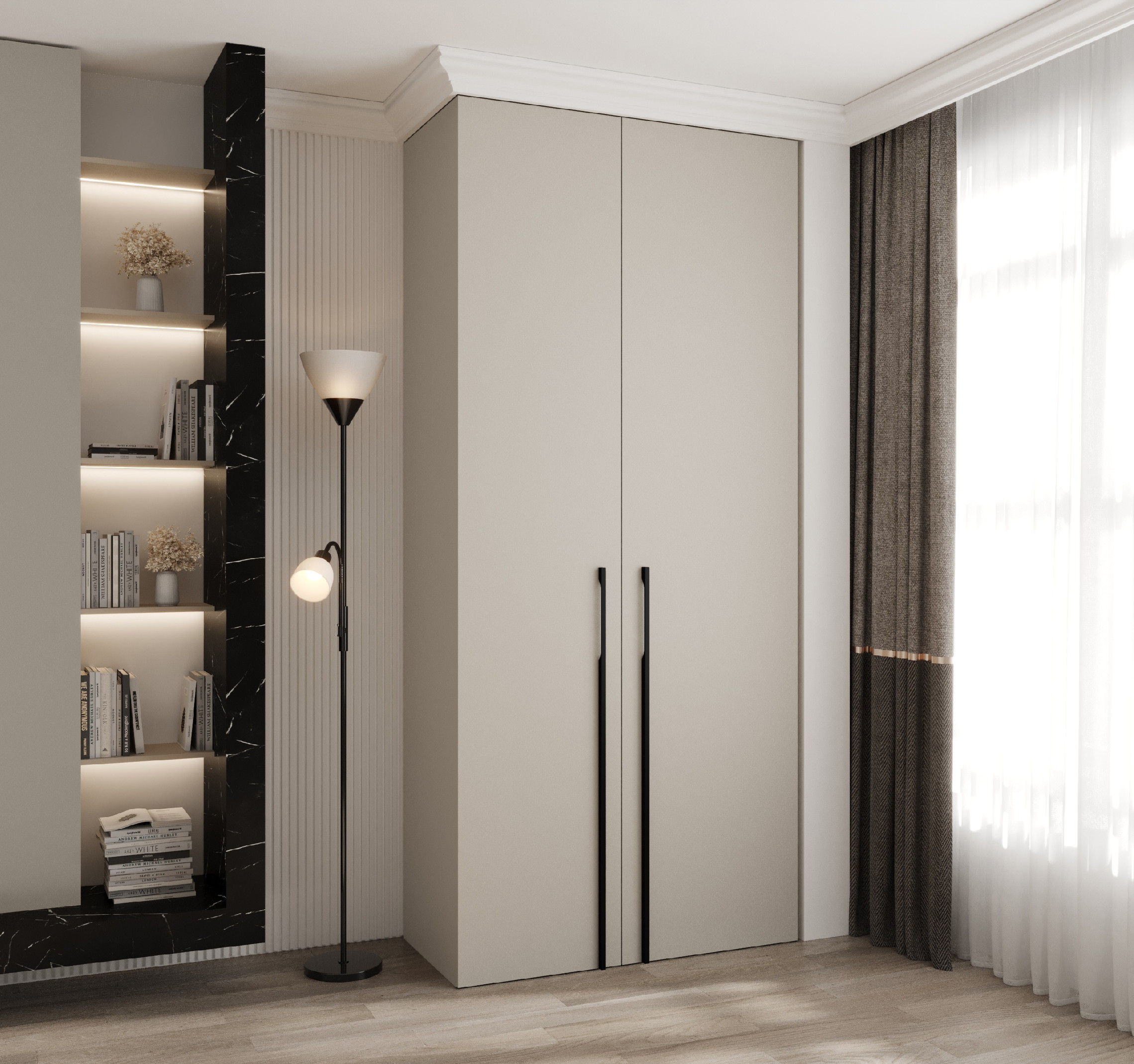 Šatní skříň Como 3 - hloubka 50 cm Rozměry: 110 cm, Pásky / úchyty: Černá, Barva korpusu + barva dveří: Kašmír