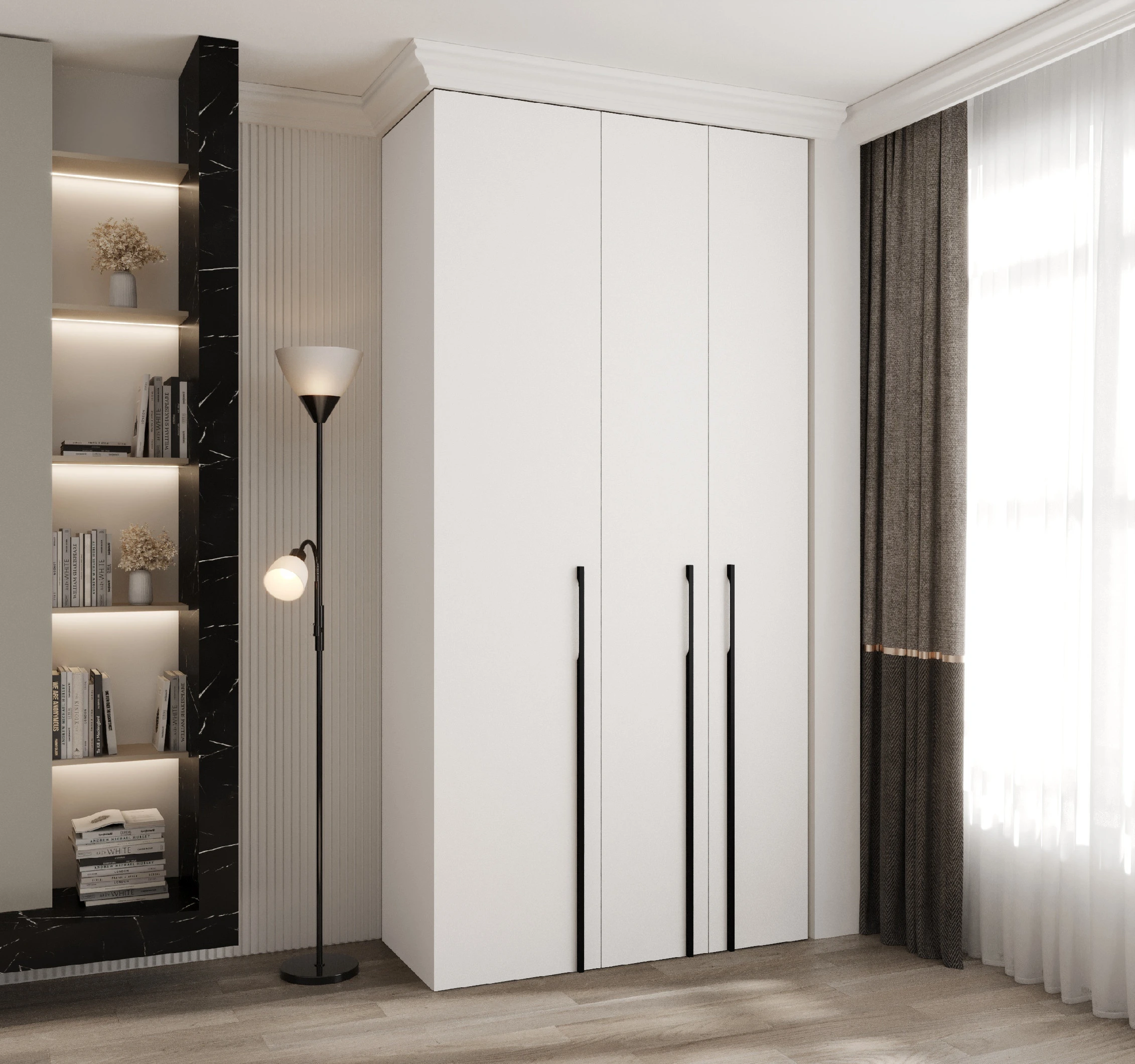 Šatní skříň Como 3 - hloubka 50 cm Rozměry: 120 cm, Pásky / úchyty: Černá, Barva korpusu + barva dveří: Bílá