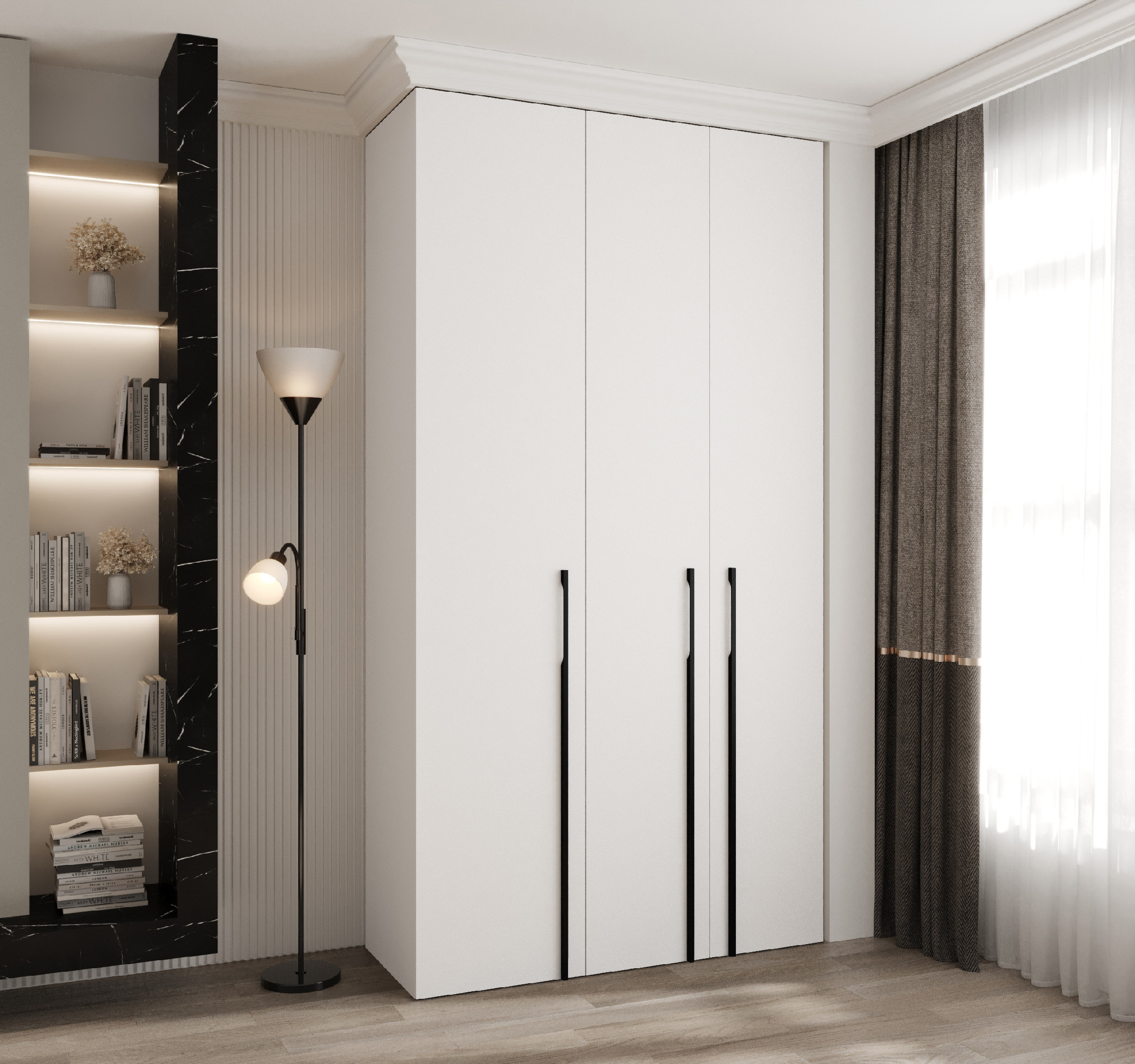 Šatní skříň Como 3 - hloubka 50 cm Rozměry: 130 cm, Pásky / úchyty: Černá, Barva korpusu + barva dveří: Bílá