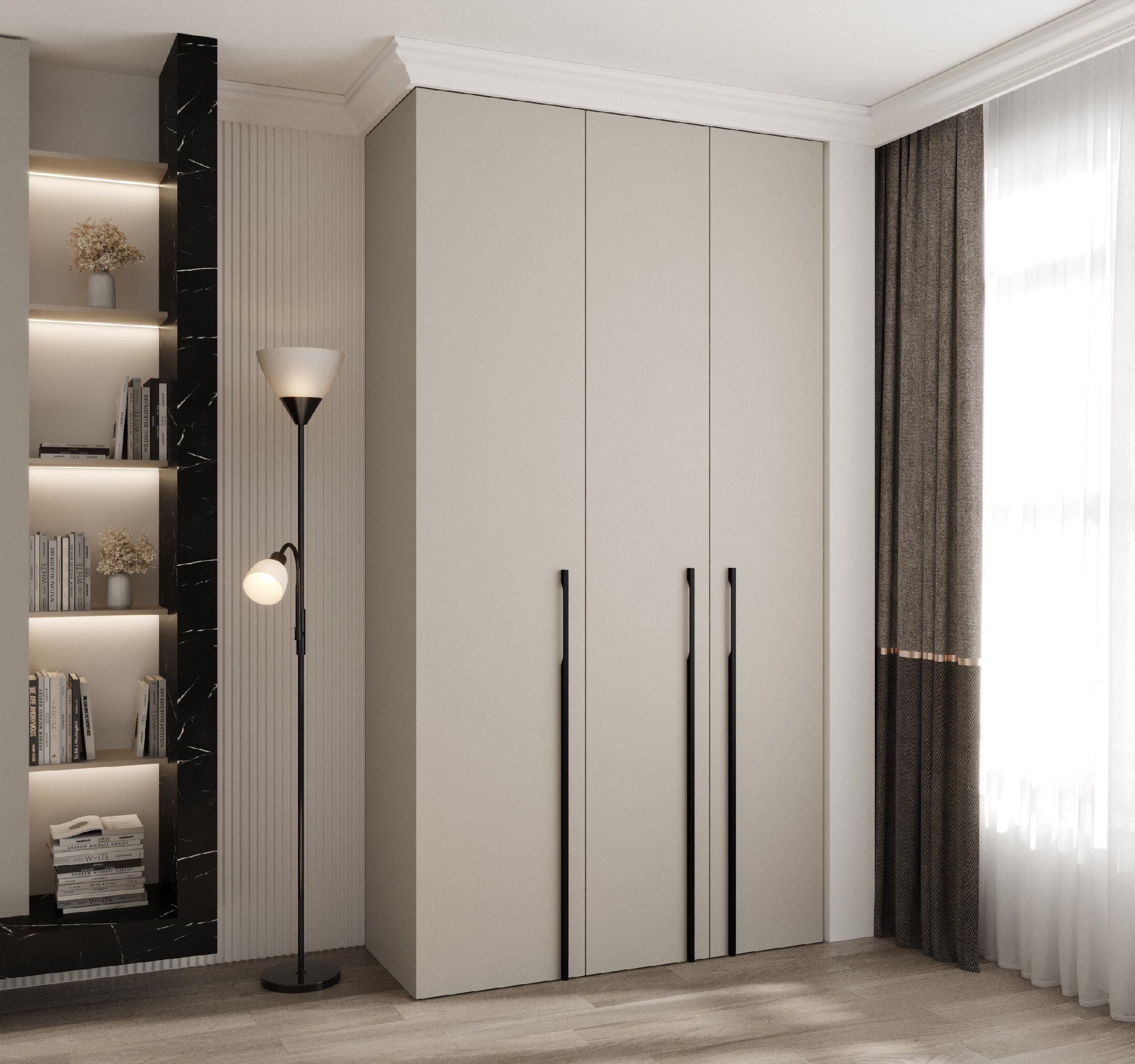 Šatní skříň Como 3 - hloubka 50 cm Rozměry: 130 cm, Pásky / úchyty: Černá, Barva korpusu + barva dveří: Kašmír