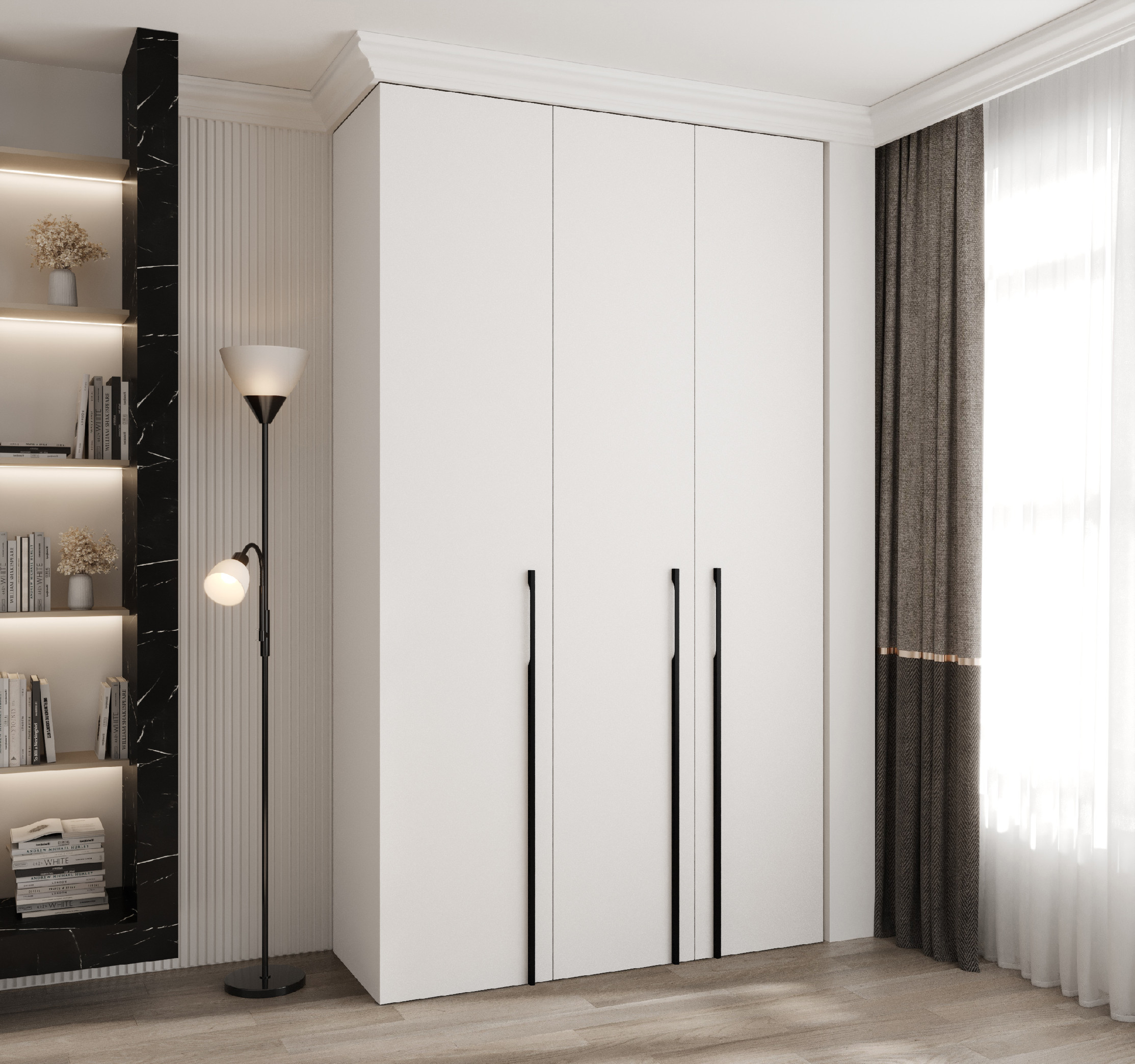 Šatní skříň Como 3 - hloubka 50 cm Rozměry: 140 cm, Pásky / úchyty: Černá, Barva korpusu + barva dveří: Bílá