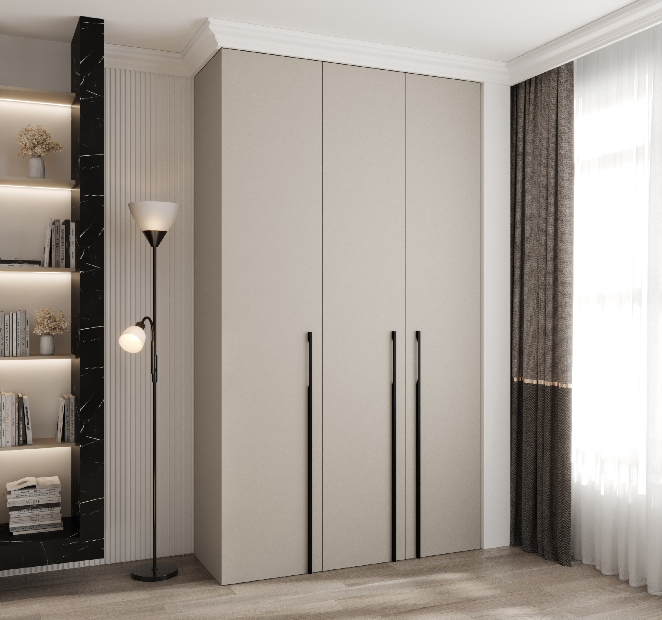 Šatní skříň Como 3 - hloubka 50 cm Rozměry: 140 cm, Pásky / úchyty: Černá, Barva korpusu + barva dveří: Kašmír