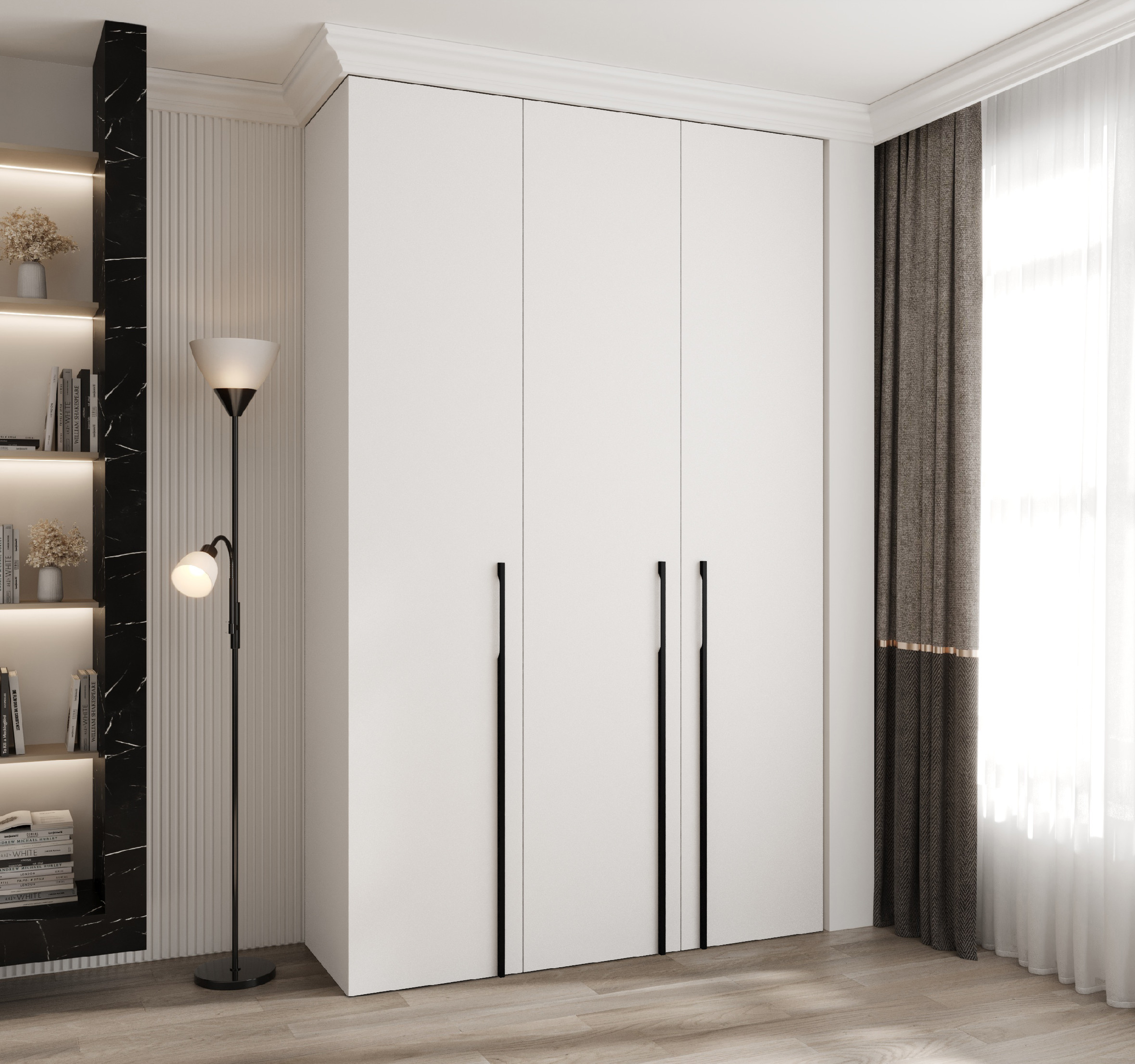 Šatní skříň Como 3 - hloubka 50 cm Rozměry: 150 cm, Pásky / úchyty: Černá, Barva korpusu + barva dveří: Bílá