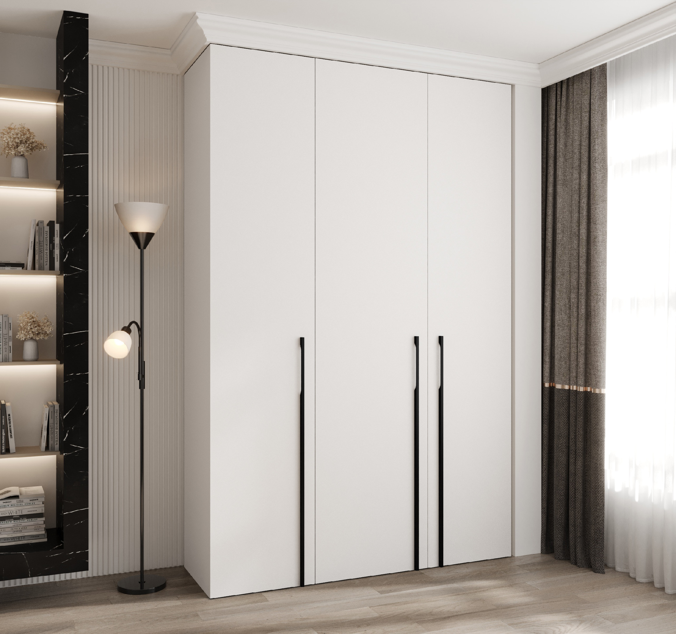 Šatní skříň Como 3 - hloubka 50 cm Rozměry: 160 cm, Pásky / úchyty: Černá, Barva korpusu + barva dveří: Bílá