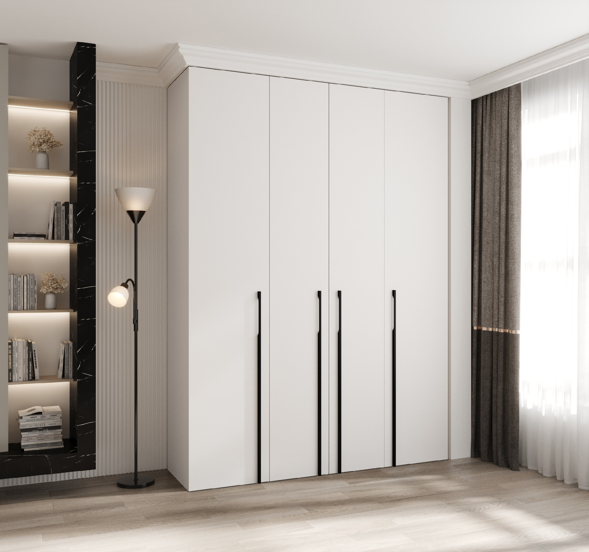 Šatní skříň Como 3 - hloubka 50 cm Rozměry: 180 cm, Pásky / úchyty: Černá, Barva korpusu + barva dveří: Bílá