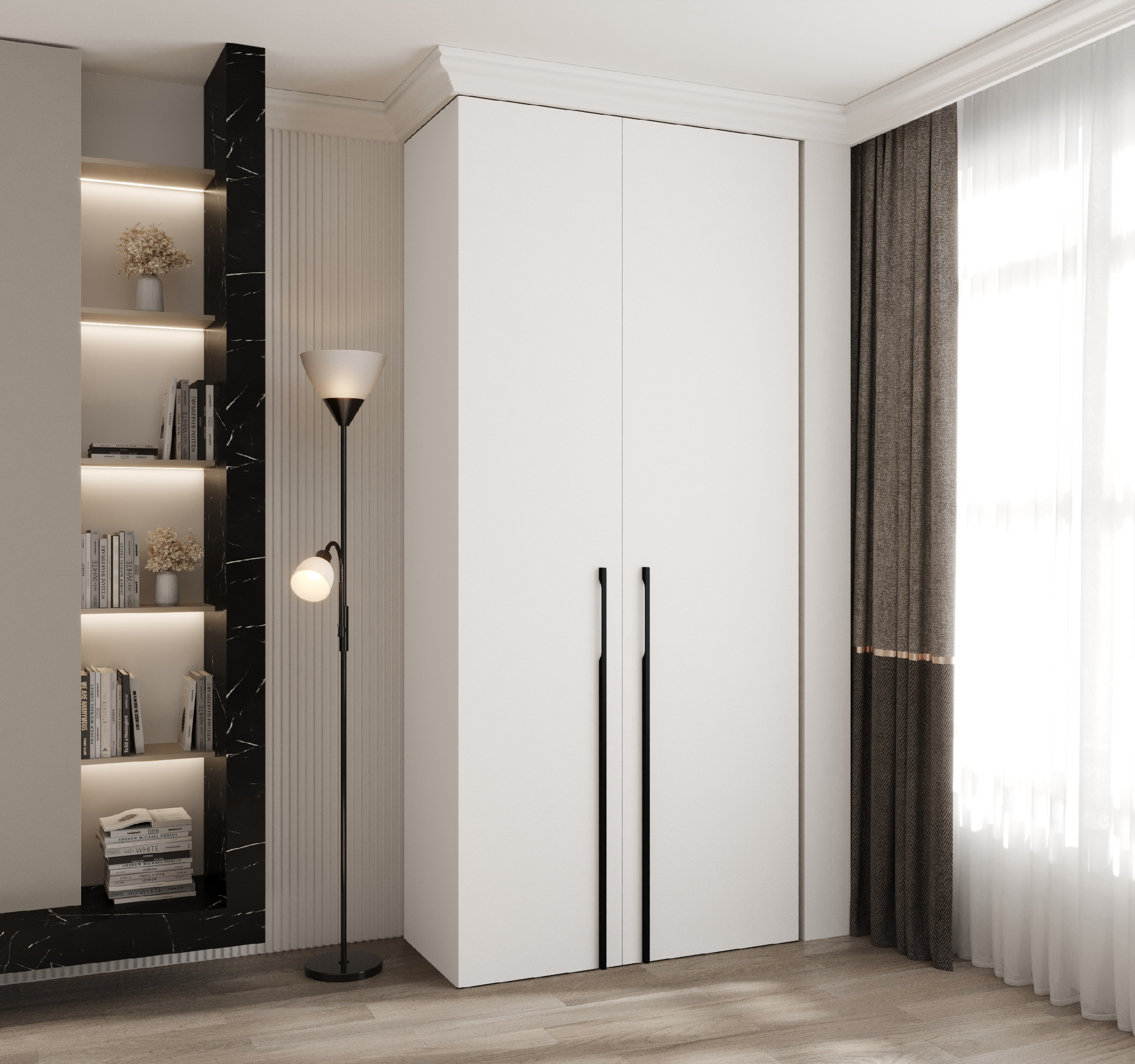 Šatní skříň Como 3 - hloubka 50 cm Rozměry: 110 cm, Pásky / úchyty: Černá, Barva korpusu + barva dveří: Bílá