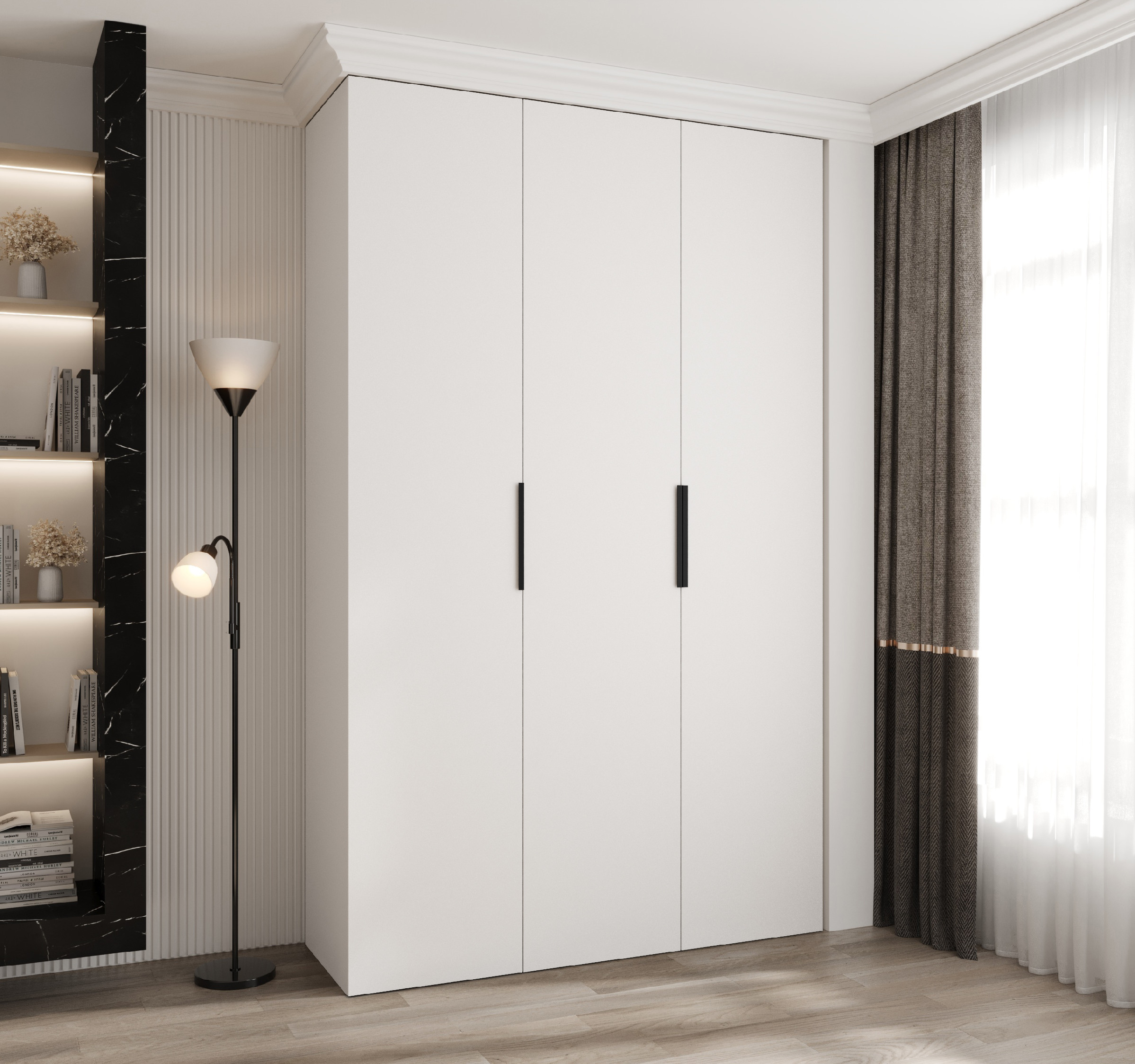 Šatní skříň Como 4 - hloubka 40 cm Rozměry: 150 cm, Pásky / úchyty: Černá, Barva korpusu + barva dveří: Bílá