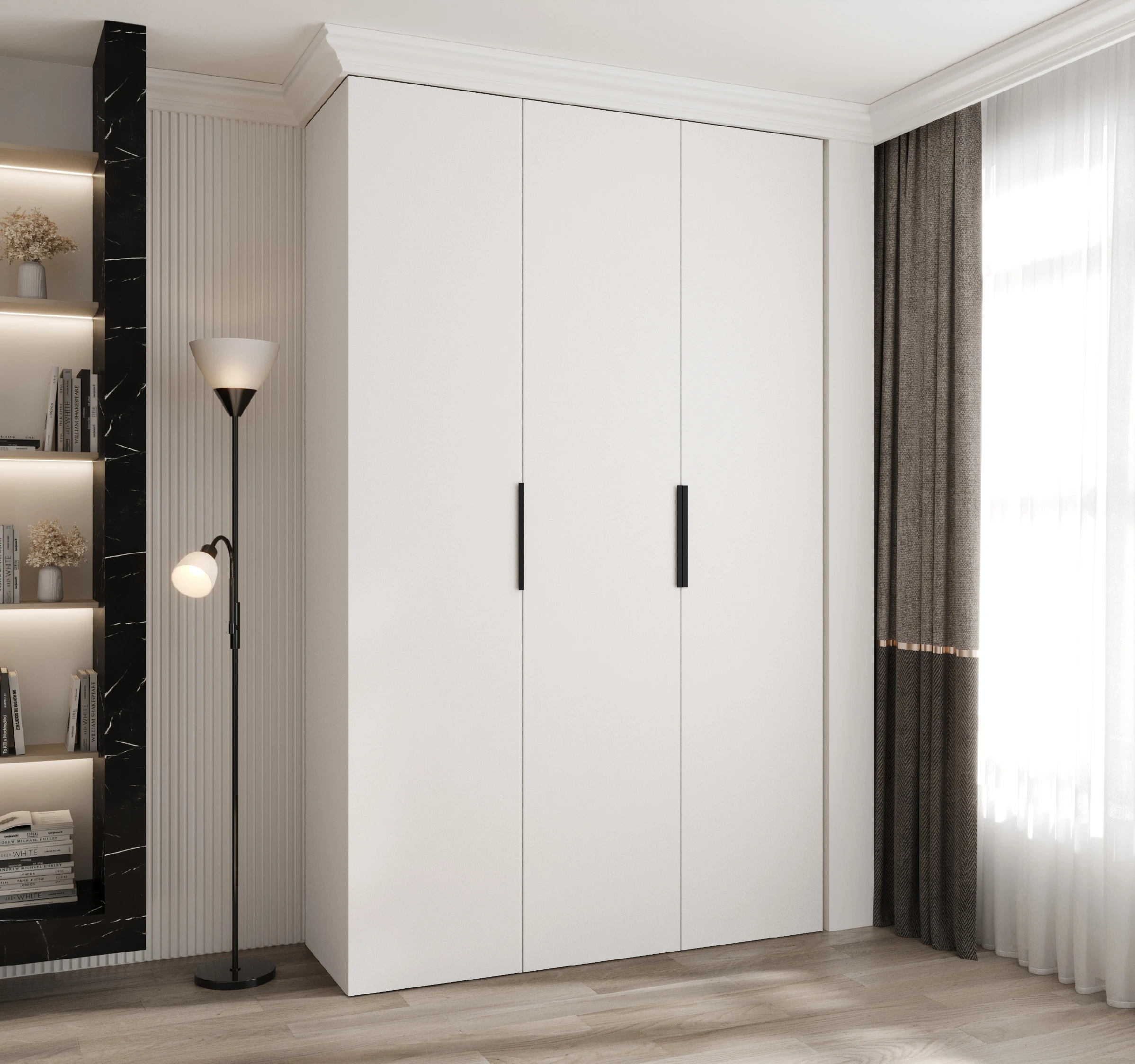 Šatní skříň Como 4 - hloubka 50 cm Rozměry: 150 cm, Pásky / úchyty: Černá, Barva korpusu + barva dveří: Bílá