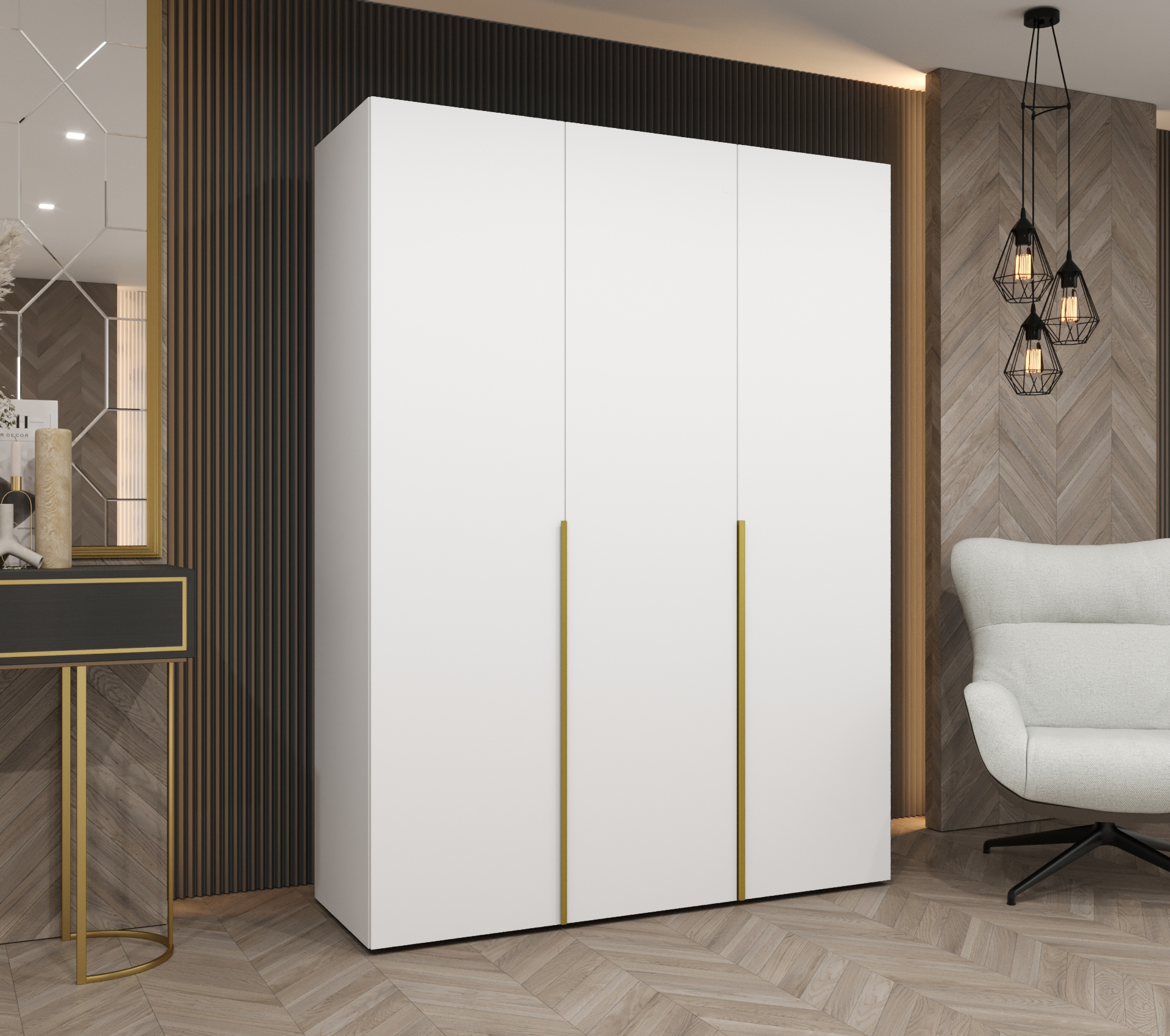 Šatní skříň Abi Alicante 1 Rozměry: 150 cm, Pásky / úchyty: Zlatý, Barva korpusu + barva dveří: Bílá + Bílá