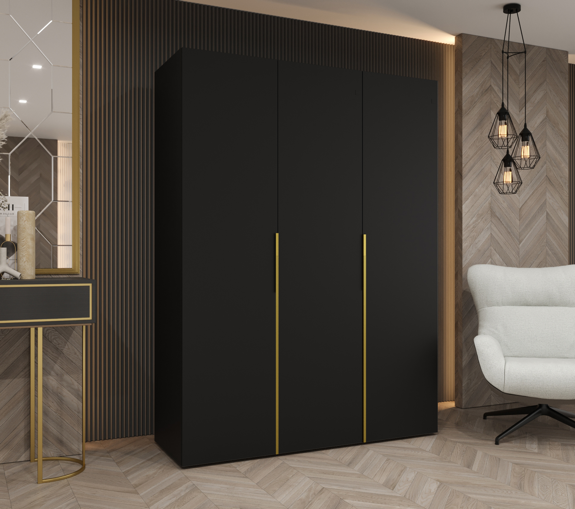 Šatní skříň Abi Alicante 1 Rozměry: 150 cm, Pásky / úchyty: Zlatý, Barva korpusu + barva dveří: Černá + Černá