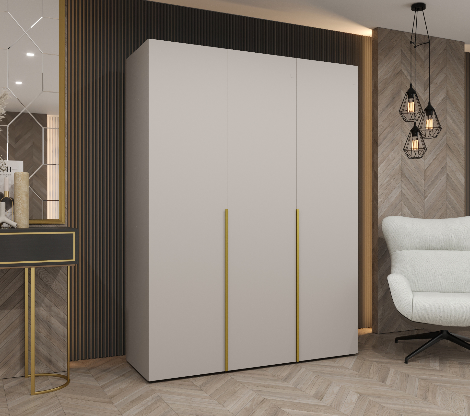 Šatní skříň Abi Alicante 1 Rozměry: 150 cm, Pásky / úchyty: Zlatý, Barva korpusu + barva dveří: Kašmír + Kašmír