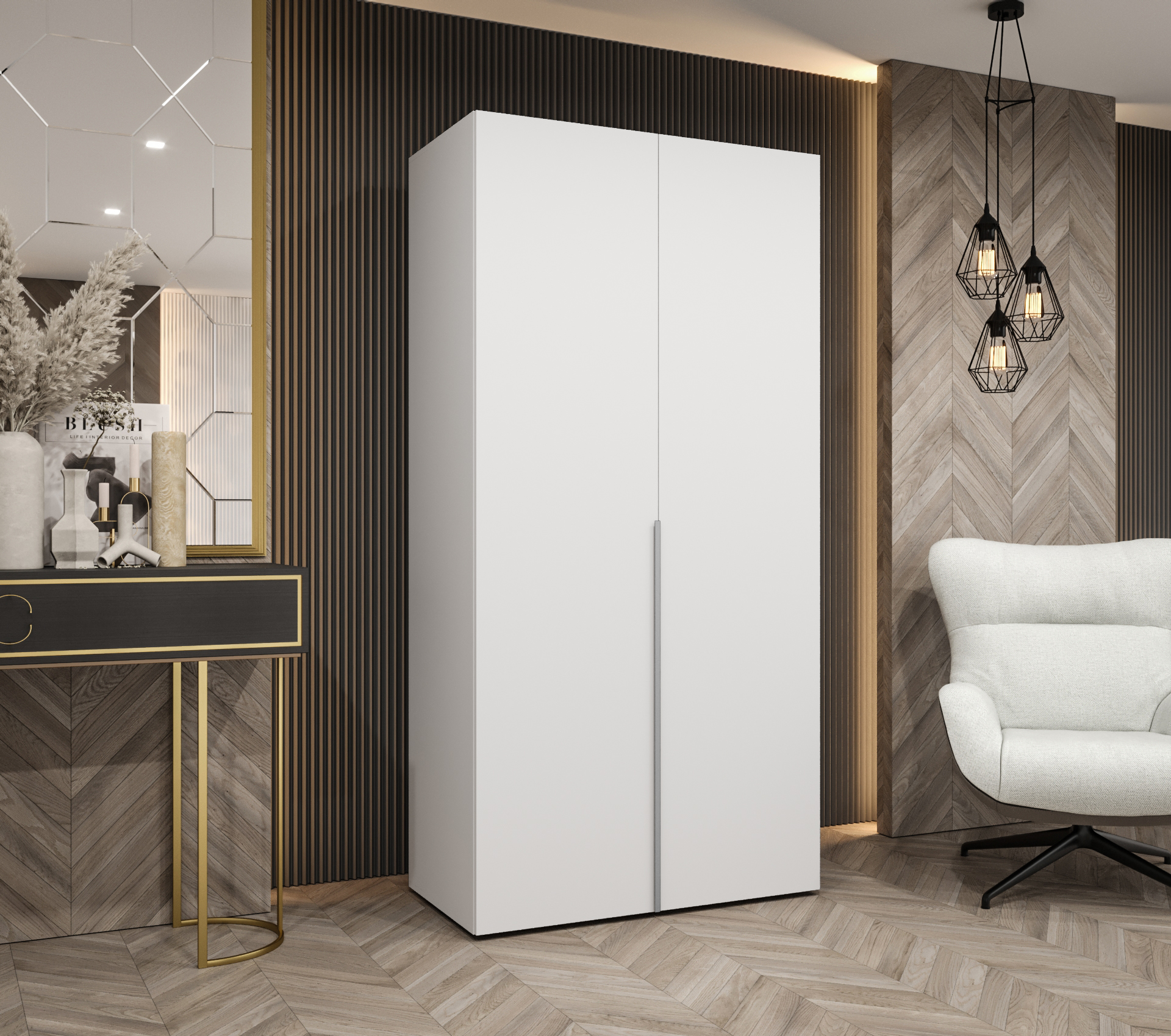 Šatní skříň Abi Alicante 1 Rozměry: 100 cm, Pásky / úchyty: Kašmír, Barva korpusu + barva dveří: Bílá + Bílá