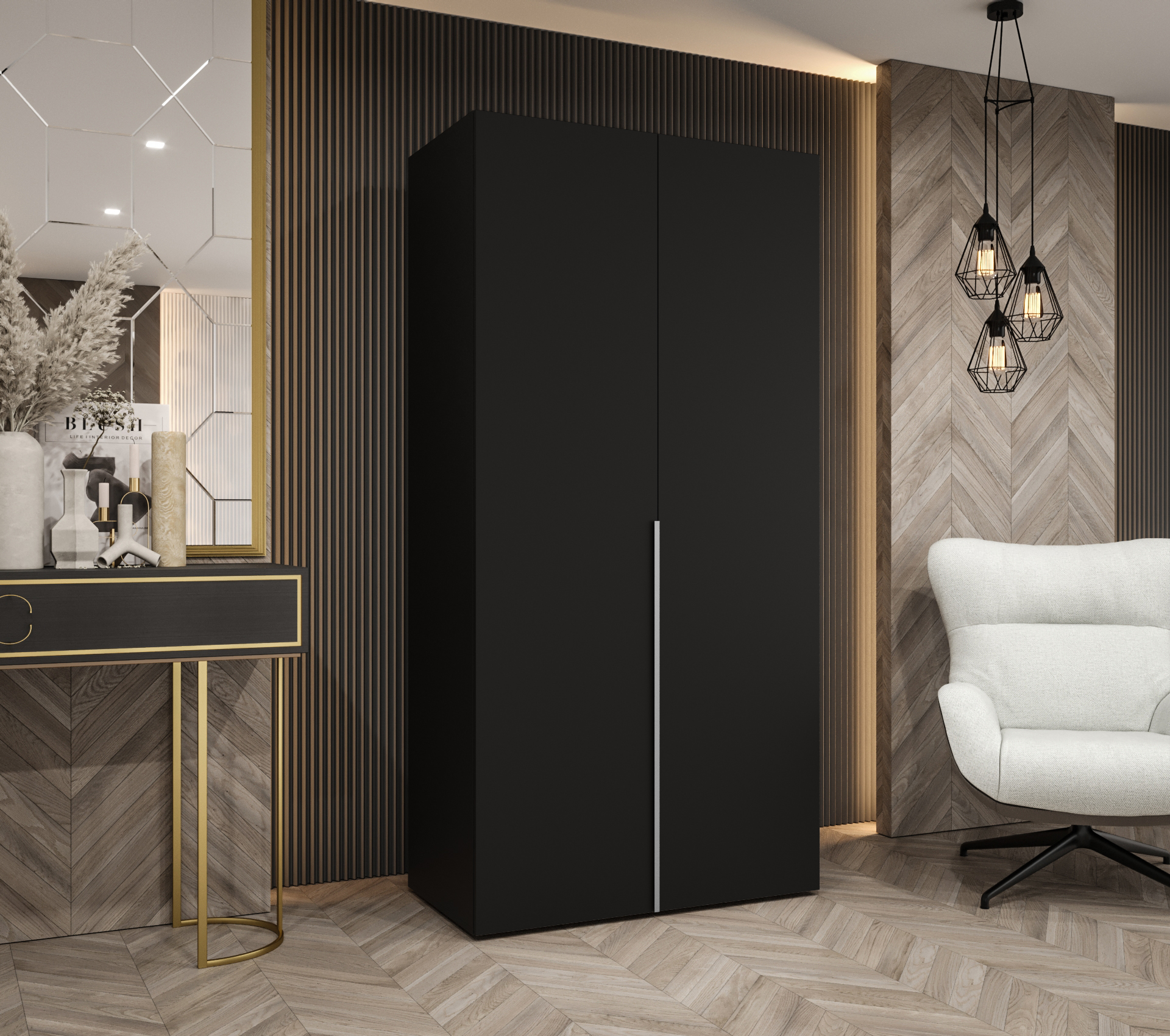 Šatní skříň Abi Alicante 1 Rozměry: 100 cm, Pásky / úchyty: Kašmír, Barva korpusu + barva dveří: Černá + Černá