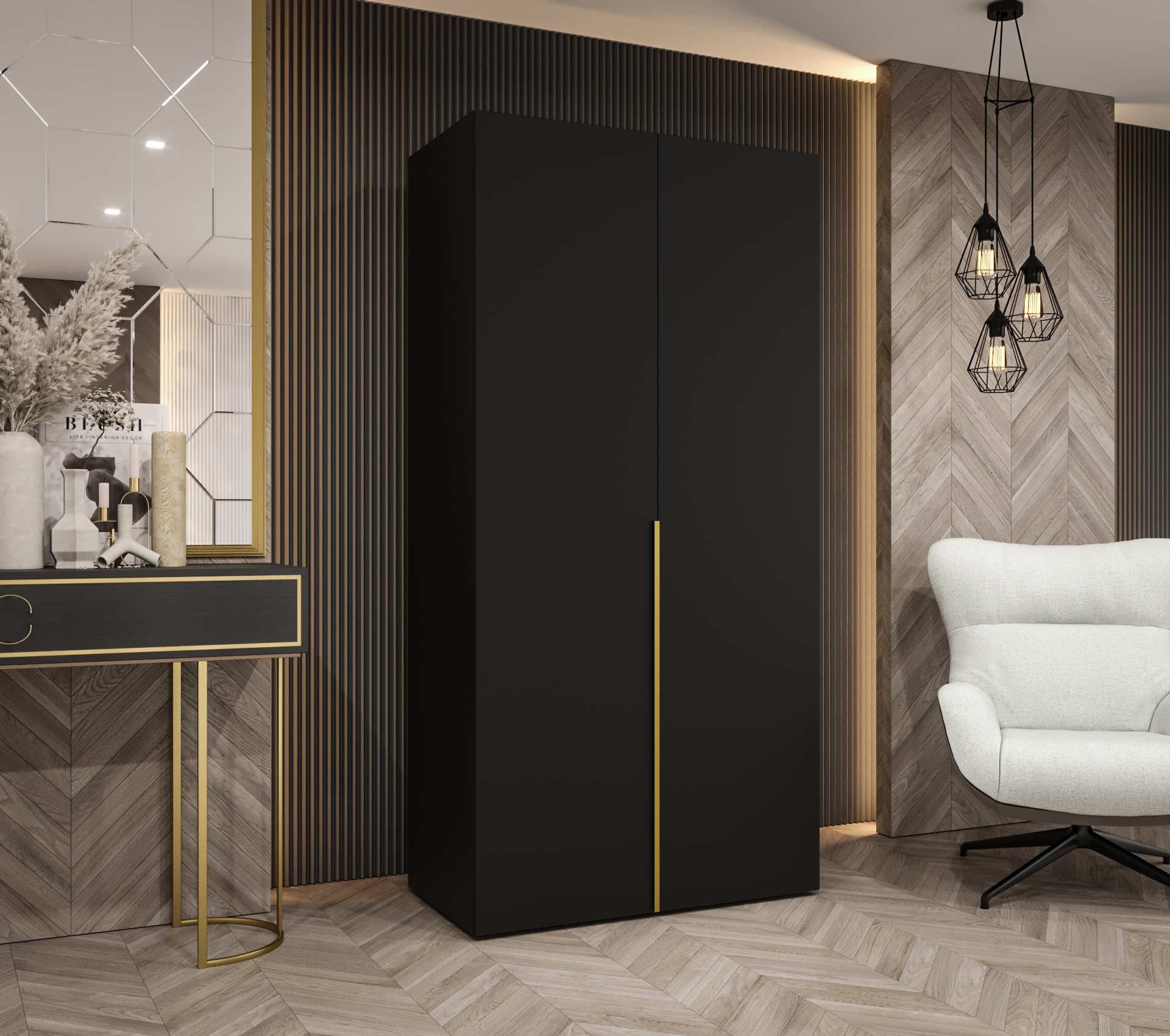 Šatní skříň Abi Alicante 1 Rozměry: 100 cm, Pásky / úchyty: Zlatý, Barva korpusu + barva dveří: Černá + Černá