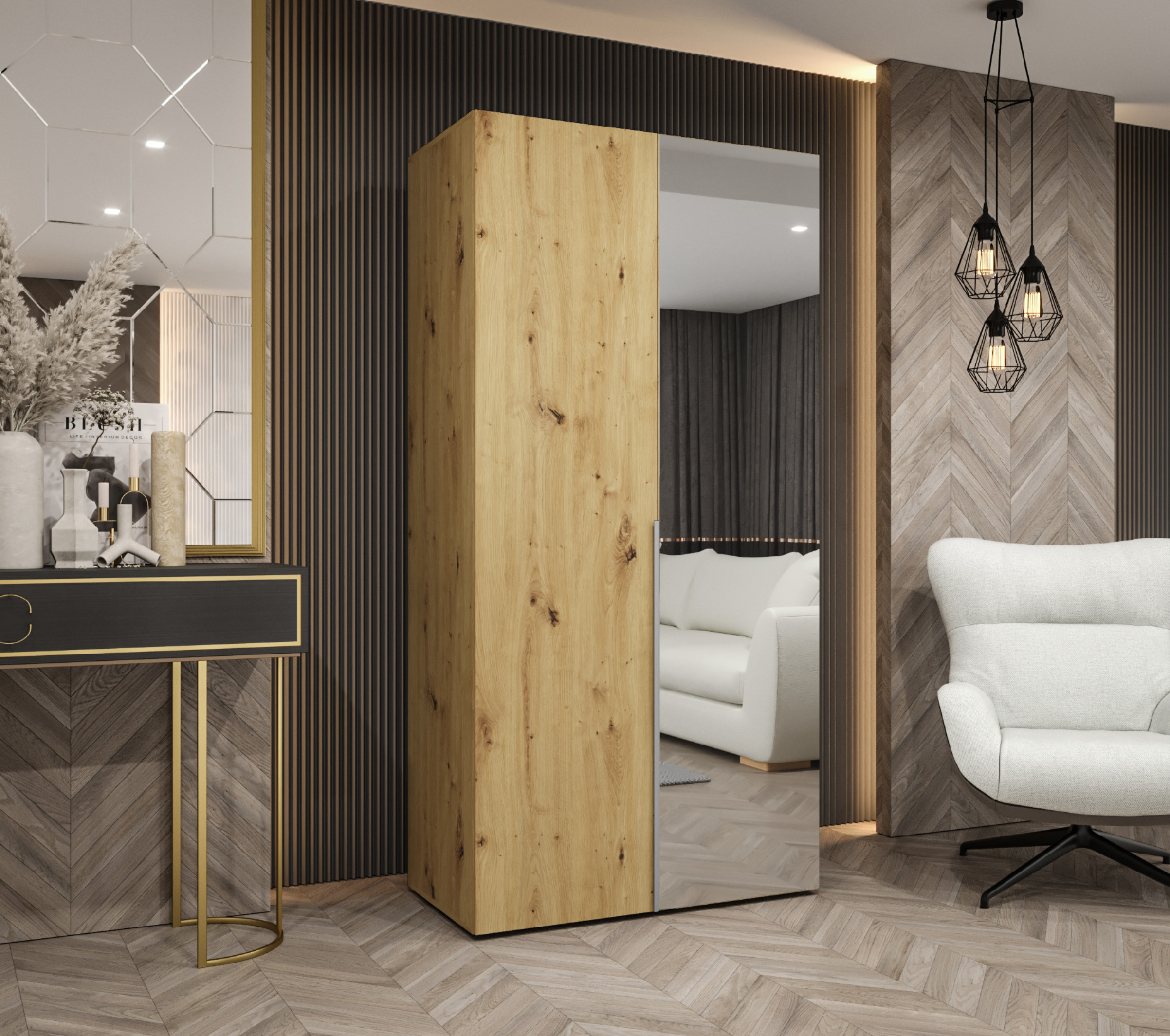 Šatní skříň Abi Alicante 2 Rozměry: 100 cm, Pásky / úchyty: Kašmír, Barva korpusu + barva dveří: Dub artisan + Dub artisan