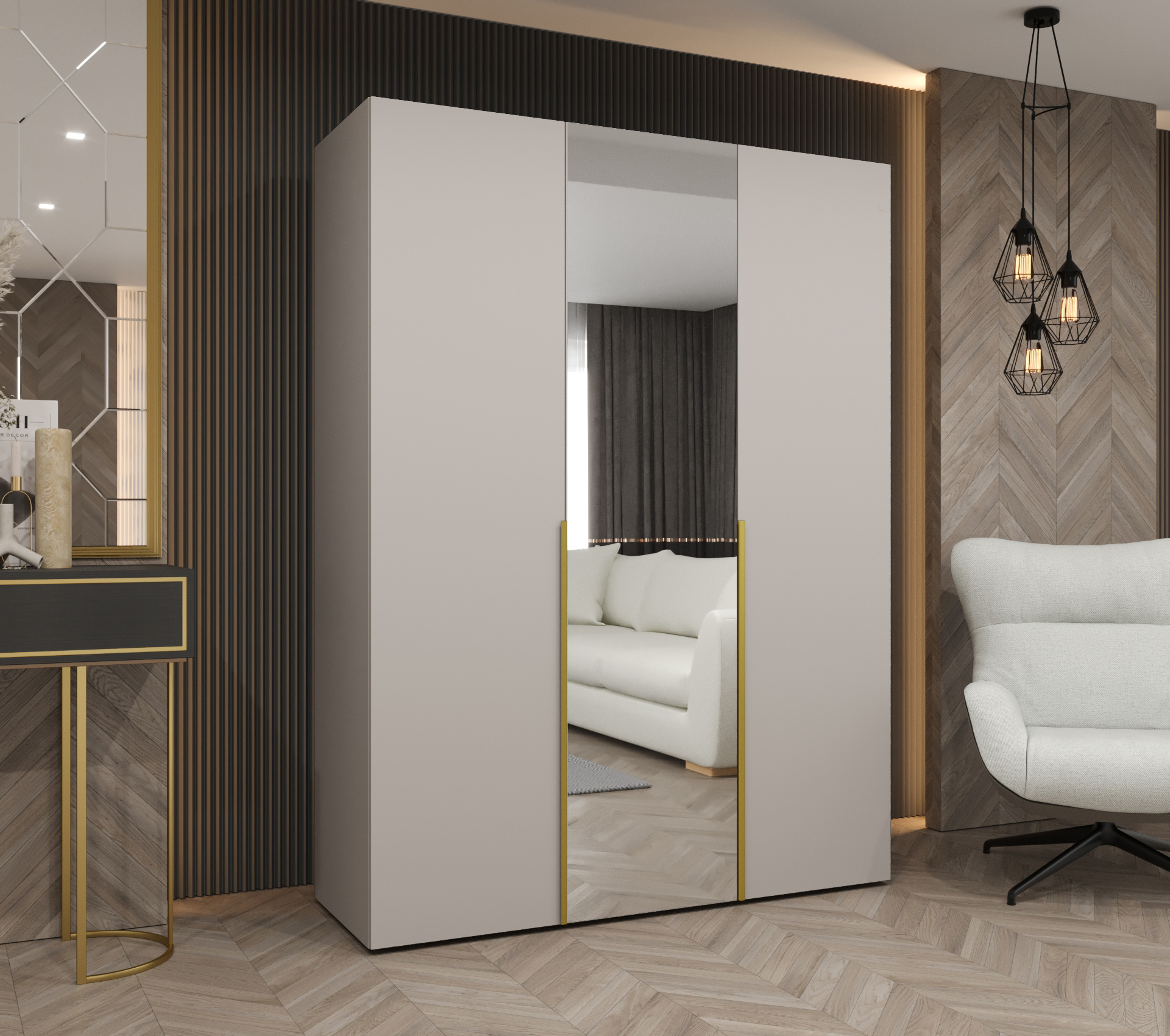 Šatní skříň Abi Alicante 2 Rozměry: 150 cm, Pásky / úchyty: Zlatý, Barva korpusu + barva dveří: Kašmír + Kašmír