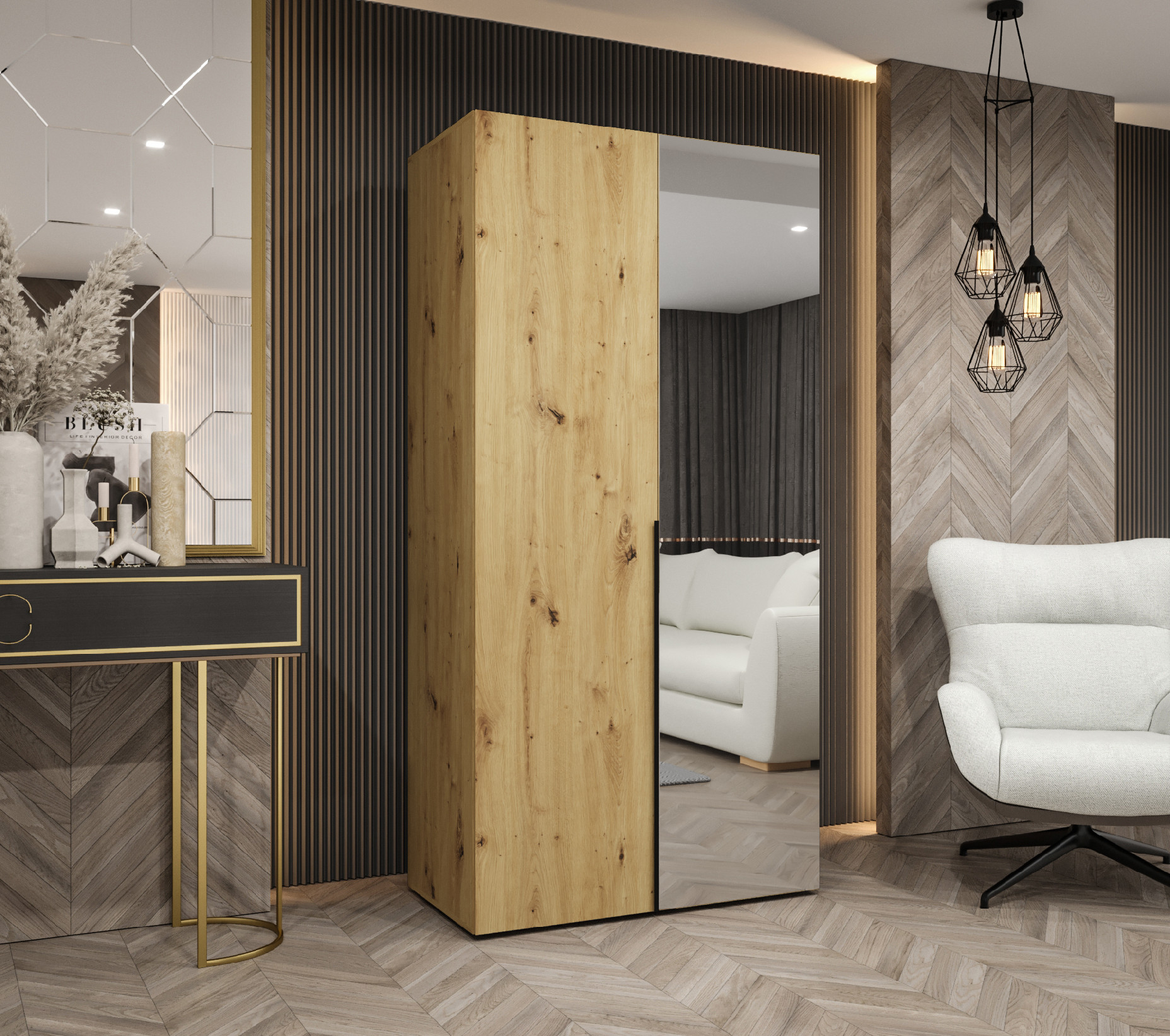 Šatní skříň Abi Alicante 2 Rozměry: 100 cm, Pásky / úchyty: Černá, Barva korpusu + barva dveří: Dub artisan + Dub artisan